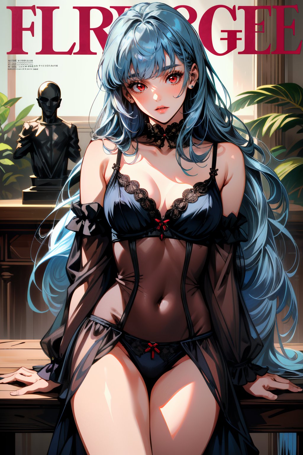 ((ultra detailed, masterpiece, absurdres)) <lora:KOFKulaD:0.9>KOFKulaD, 1girl, long hair, blue hair, red eyes, bangs, lingerie, magazine cover