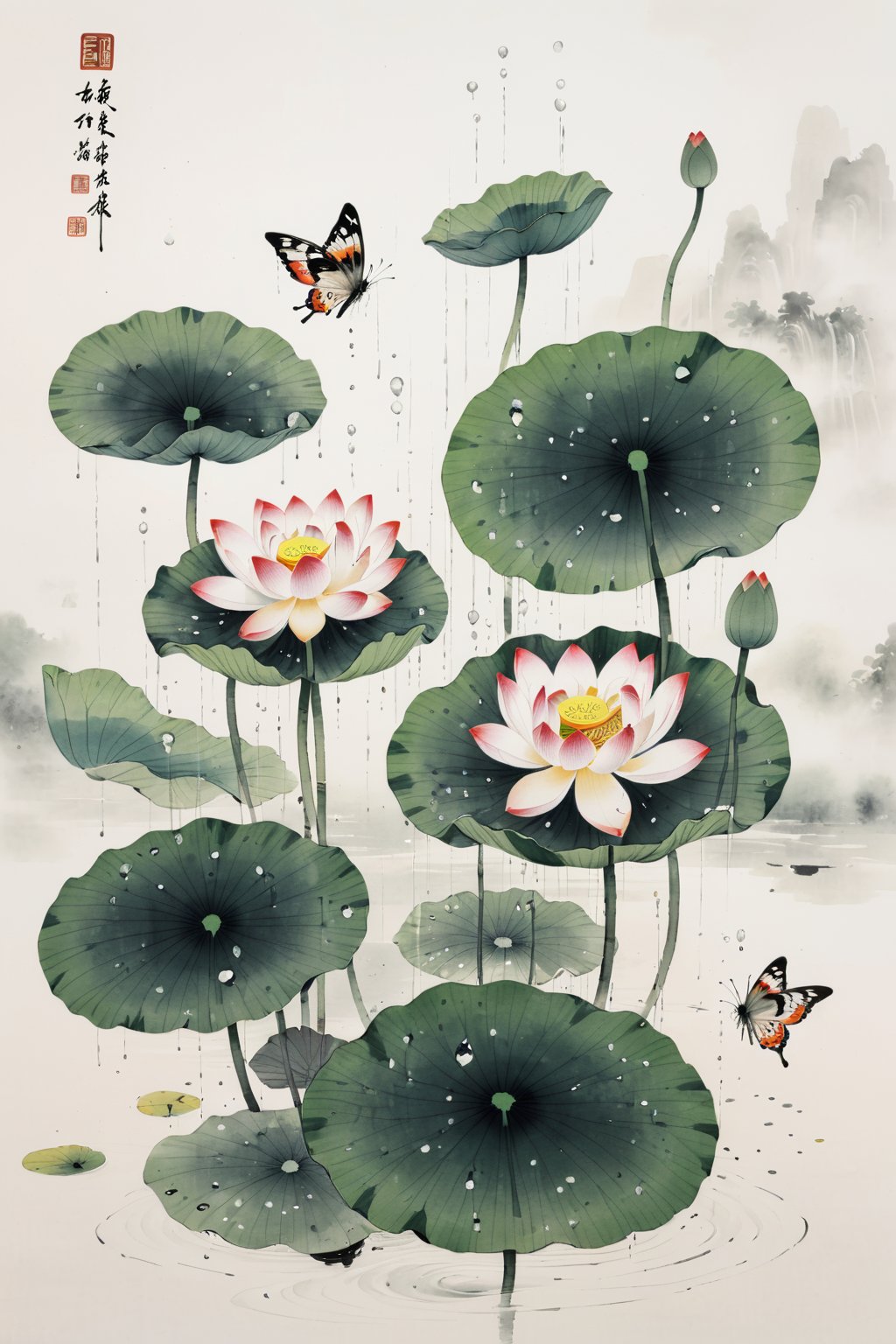 Best quality,8k,cg,falls,Rain,raindrops,Chinese ancientpaintings,traditional chinese ink painting,butterfly,lotus,chinese meticulous ink,illustration,white background,centered,completed,<lora:工笔水墨:0.8>,