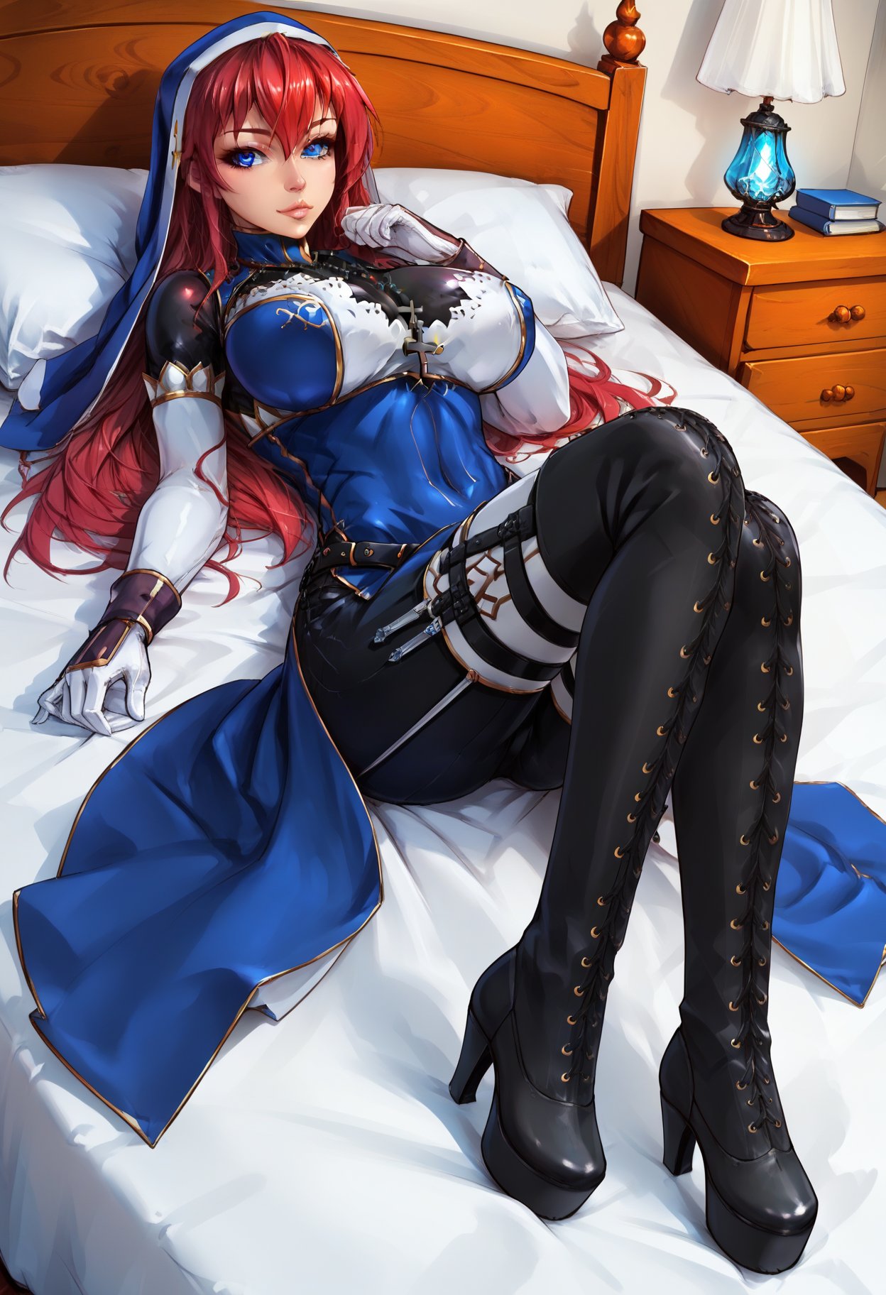 score_9, score_8_up, score_7_up, score_6_up, score_5_up, score_4_up, source_anime,  BREAK, 1girl,battleNun, cross necklace, habit, red hair, blue eyes, large breasts, laying on her stomach,  on her breasts, on a bed,,  <lora:battleNunPony:1>,   full body