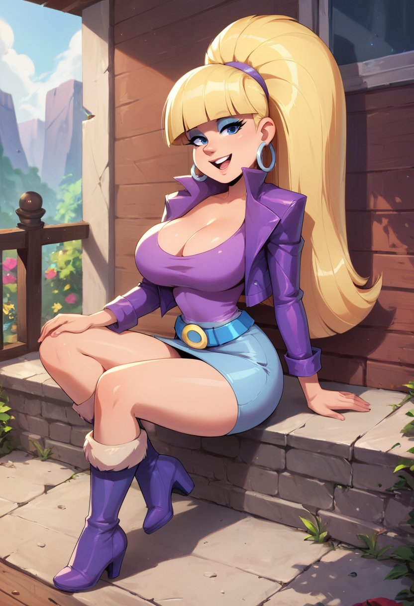 masterpiece,best quality, highly detailed, score_9, score_8_up, score_7_up, score_6_up,<lora:xl_more_art-full_v1:0.8>,BREAK <lora:pacificaXL:0.8>pacifica, 1girl, breasts, solo, cleavage, blonde hair, earrings, jewelry, makeup, large breasts, eyeshadow, boots, looking at viewer, blunt bangs, bangs, long hair, belt, hoop earrings, open mouth, jacket, thighs, smile, blue eyes, ponytail