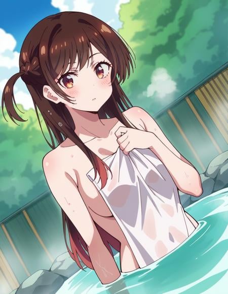 score_9, score_8_up, score_7_up, source_anime,chizuruichinose, <lora:chizuru-ichinose-s1-ponyxl-lora-nochekaiser:1>,chizuru ichinose, long hair, bangs, brown hair, brown eyes, one side up,nude, naked, outdoors, onsen, towel, naked towel, steam, bathing, nude cover, partially submerged, water, bath, steam censor, wet towel,looking at viewer, cowboy shot, solo, dutch angle,