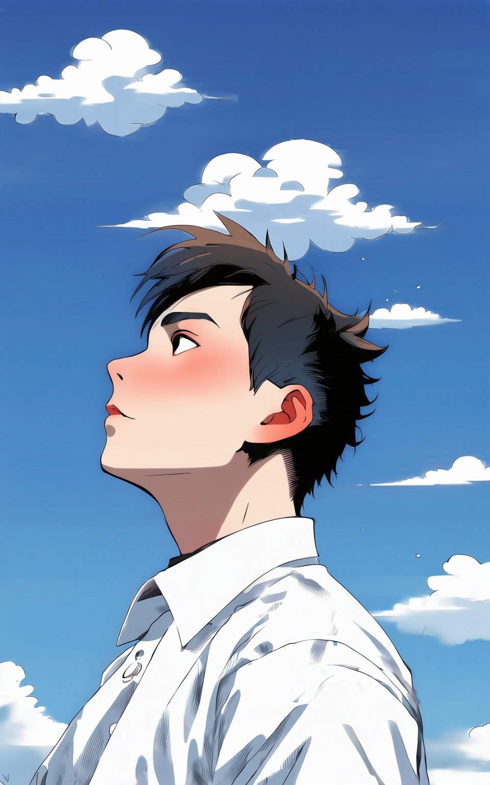 anime style, 1boy,white shirt,upper body,male focus,outdoors,parted lips,sky,day,collared shirt,cloud,black eyes,from side,blue sky,profile,looking up,letterboxed