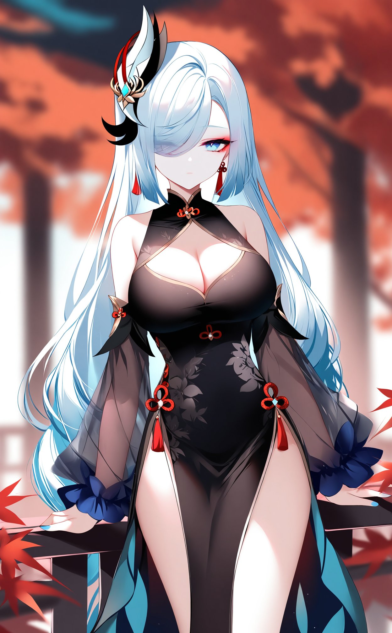 masterpiece,best quality,illustration,ultra detailed,hdr,Depth of field,(colorful),[Artist chen bin],Artist Sheya,1girl,shenhe (genshin impact),breasts,solo,dress,long hair,black dress,blue eyes,hair ornament,detached sleeves,large breasts,looking at viewer,bare shoulders,hair over one eye,white hair,thighs,long sleeves,very long hair,cleavage,jewelry,earrings,leaf,feet out of frame,official alternate costume,blurry,sleeveless,standing,closed mouth,chinese clothes,sleeveless dress,maple leaf,blue nails,see-through,blurry background,nail polish,