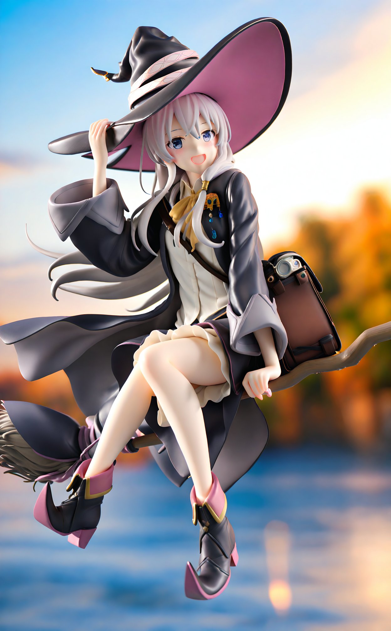 masterpiece,best quality,illustration,ultra detailed,hdr,Depth of field,(colorful),PVC Style,1girl,broom riding,hat,broom,elaina (majo no tabitabi),solo,long hair,witch hat,shirt,black headwear,white shirt,hand on headwear,sidesaddle,open mouth,black footwear,skirt,witch,smile,bow,bag,grey hair,long sleeves,blurry,outdoors,collared shirt,black skirt,hair between eyes,looking at viewer,wide sleeves,pointy footwear,robe,blurry background,sky,grey eyes,:d,bowtie,white hair,boots,full body,open clothes,depth of field,yellow bow,blush,blue eyes,