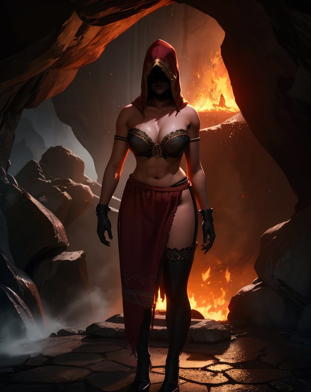 Dsorceress,solo,standing,shadowy face,dark cave,fire,hood,shadowed face,strapless bra,skirt,black thighhighs,standing,(insanely detailed, masterpiece, best quality) cinematic lighting,<lora:Dsorceress:0.8>,