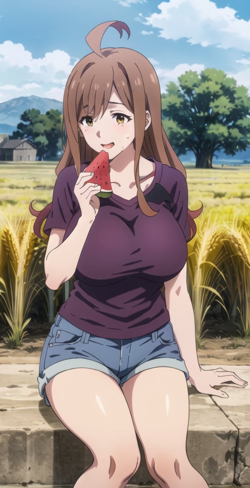 WizV2, 1girl, solo, red t-shirt, denim shorts, summer, (eating watermelon slice), big breasts, happy, sweating, wheat field, sitting on house porch, perfect quality, good quality, masterpiece, HDR, UHD <lora:Wiz V2:0.7>