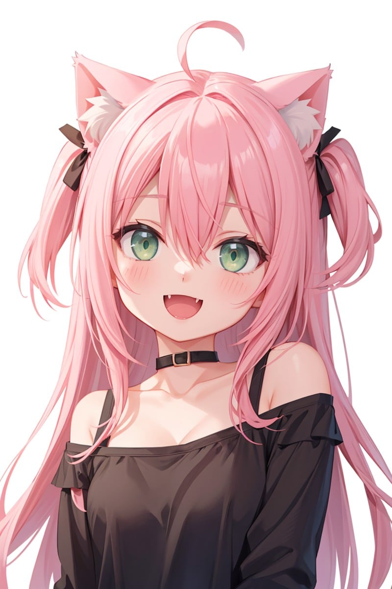 1girl, animal ears, solo, fangs, long hair, cat ears, off shoulder, breasts, pink hair, white background, green eyes, simple background, black shirt, shirt, ahoge, animal ear fluff, open mouth, looking at viewer, smile, upper body, small breasts, blush, two side up, bare shoulders, :d, collarbone, cat girl, cleavage, bangs, hair between eyes