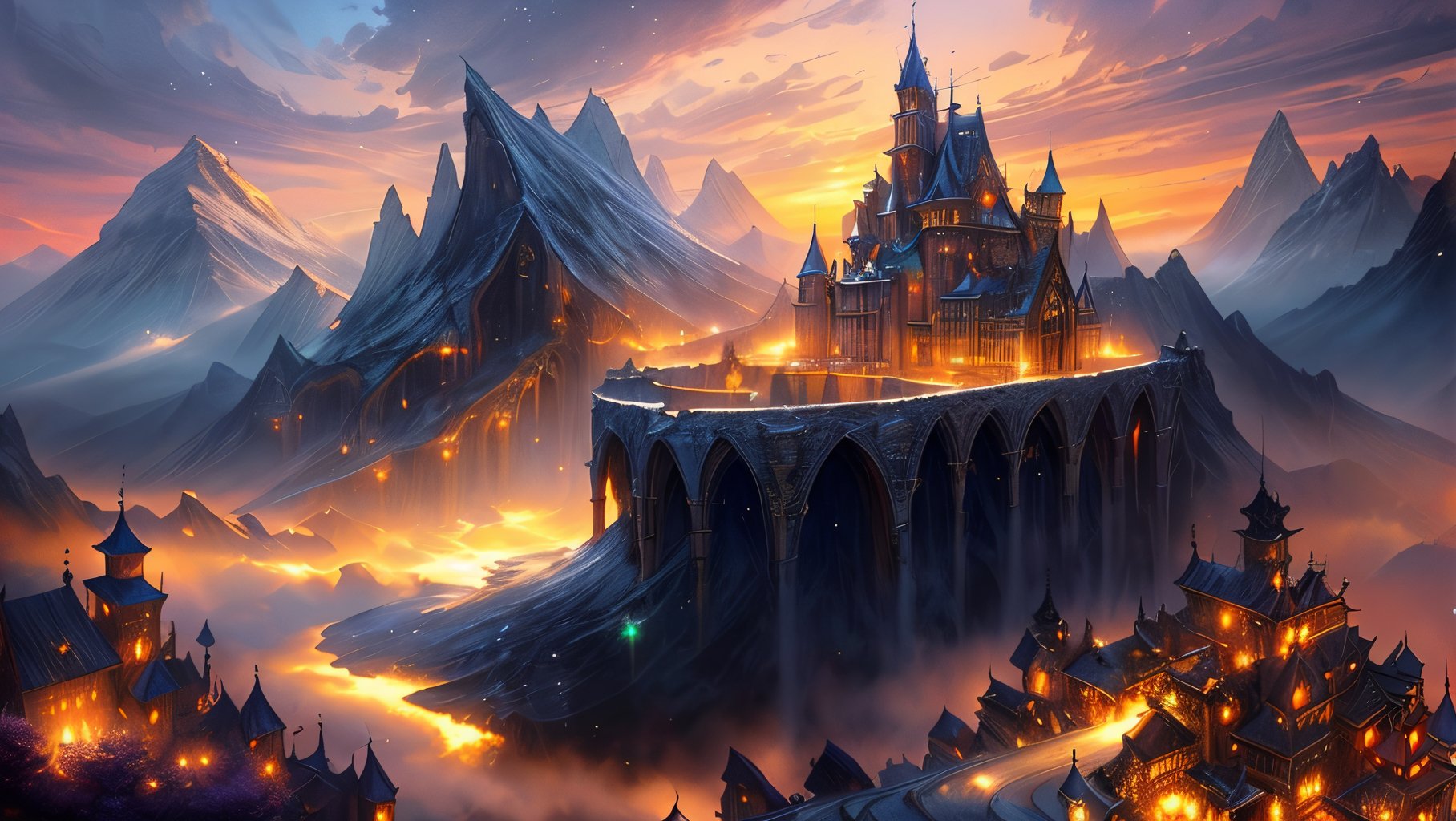 Role-playing game (RPG) style fantasy, a large town up in the mountains, fantasy art, landscape, surrounded by a wall, river, luminous particles in the air, luxurious castle, <lora:add_detail:0.8> eerie, magical lighting, sunset, professional painting, detailed architecture, depth of field, Detailed, vibrant, immersive, reminiscent of fantasy RPG games