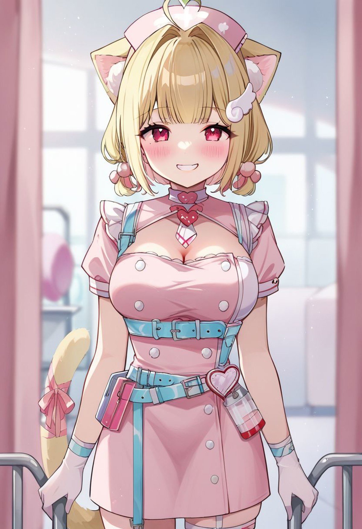 score_9, score_8_up, score_7_up, source_anime, 1girl, indoors, hospital, BREAK ,cat ears, heart ahoge, wing hair ornament, blonde hair, tail ribbon, karin_nrs, nurse cap, midriff, belt, smile,