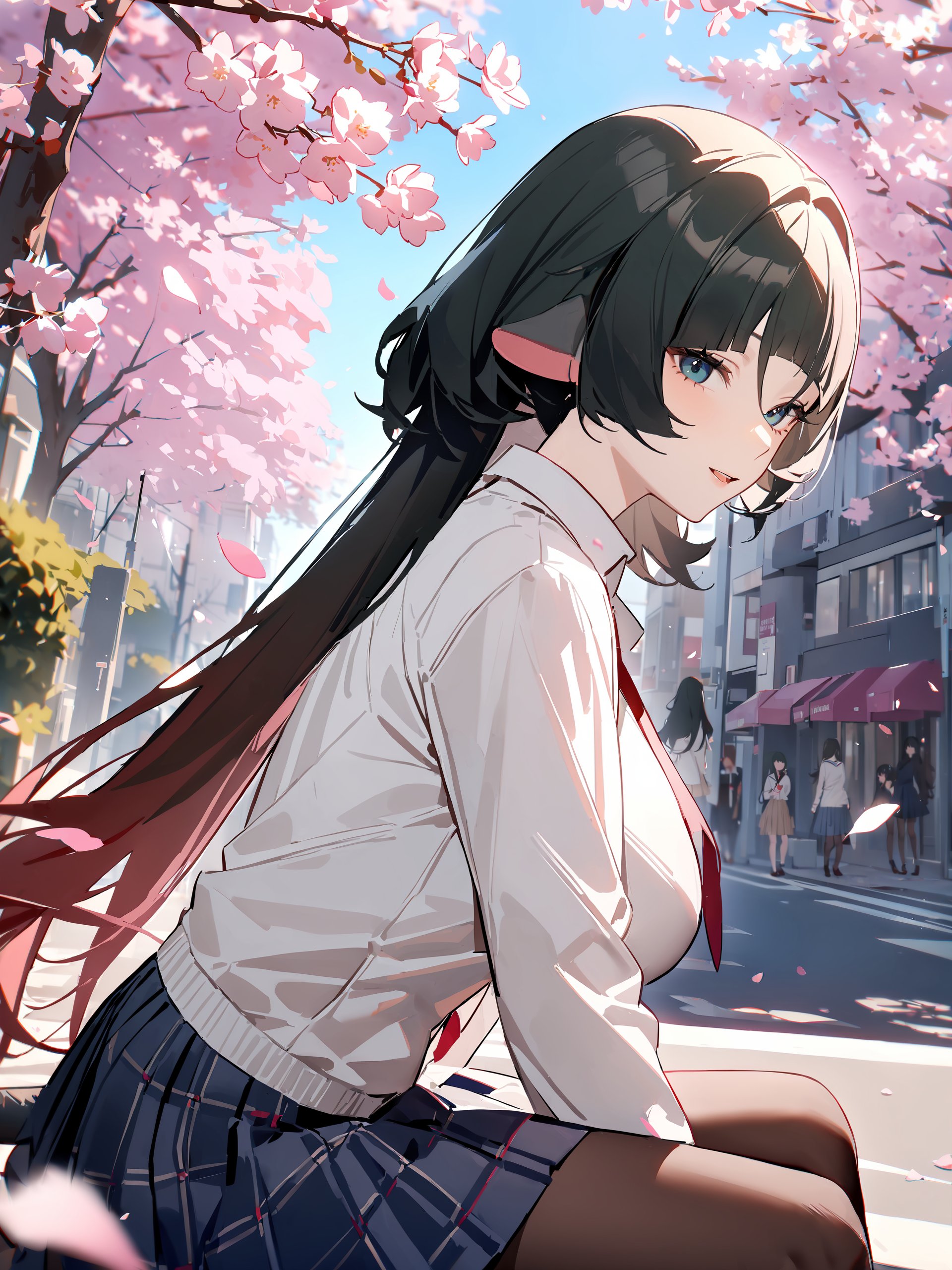 1girl, jane doe \(zenless zone zero\), long hair, solo, school uniform, white shirt, sweater, pleated skirt, pantyhose, smile, open mouth, looking at viewer, outdoors, street, cherry blossoms, petals, depth of field, tail <lora:Char-ZZZ-Jane_Doe-V2-XL:0.9>, masterpiece, best quality, very aesthetic, ray tracing, newest,(hitenkei, askzy:0.5),