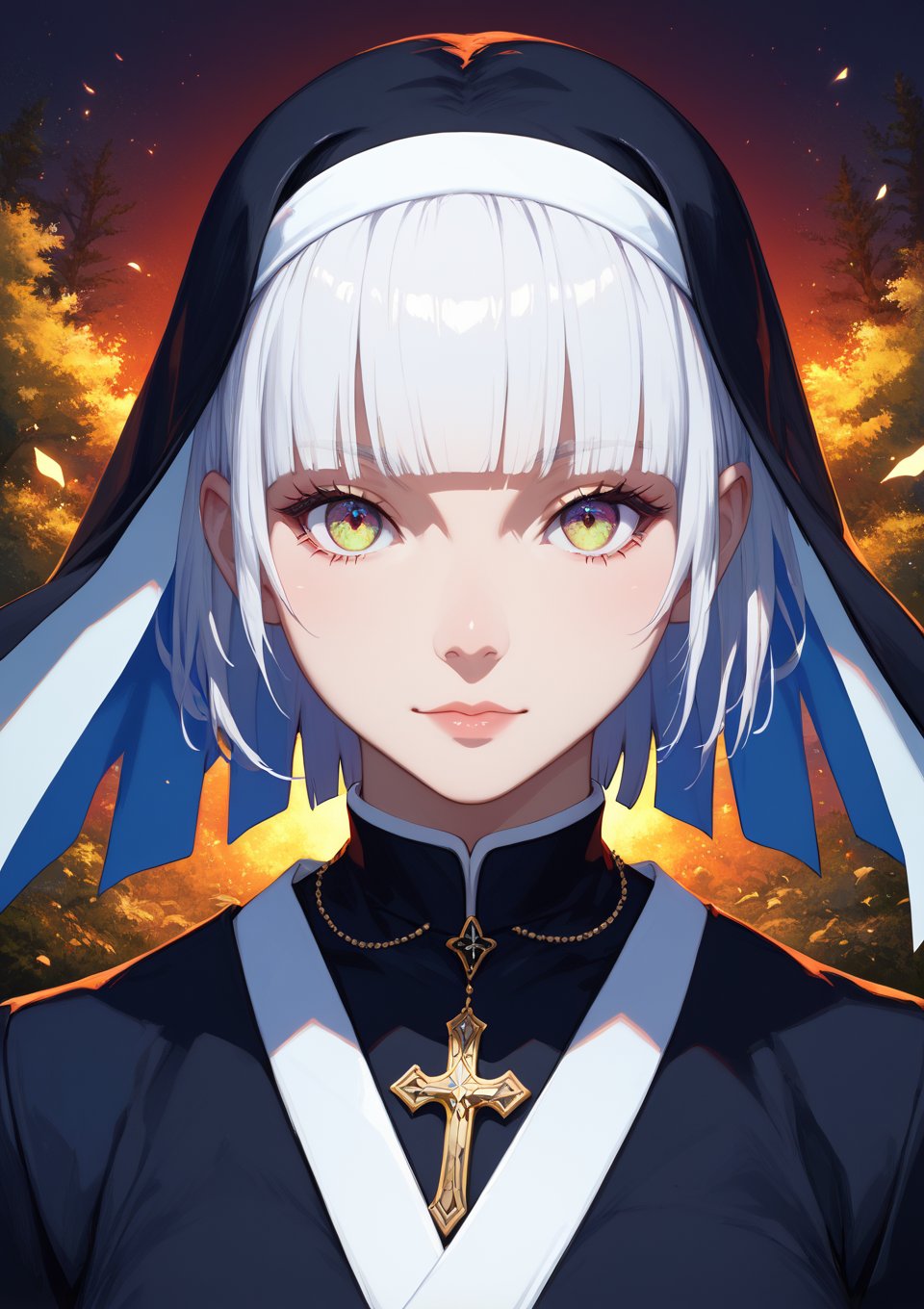 score_9,score_8_up,score_7_up,short hair,white hair,hime cut,1girl,solo,facing viewer,looking at viewer,a dark evil nun,features exuding an air of enchantment,portrait,dark realm backdrop,trending on ArtStation,Asai Macro photography-inspired details,sharp focus,studio-style,hyper detailed,intricate details,exquis,professional ominous concept art,an intricate,elegant,highly detailed digital painting,concept art,smooth,sharp focus,illustration,forest,