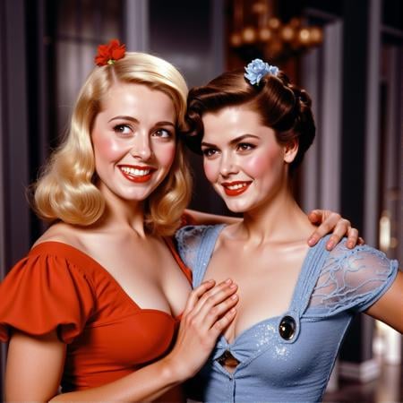 <lora:Technicolor style v1:1>In the 1950's two women in costumes standing next to each other, looking at viewer, smile, multiple girls, blonde hair, brown hair, black hair, hair ornament, 2girls, upper body, teeth, lipstick, curly hair, realistic, red lips, vivid color, cinematic look, film look, filmic, contrast, detailed, high quality, sharp image, film color, Kodak, Motion Picture, Film style, different color, vivid color, different people, different look, different style, 35MM Film, 16MM Film, Photographic film, artistic style, cinematic style, film granularity, film noise, image noise, artistic effect, Fujicolor, Fuji film, Analog photography, movie style, movie still, Film grain overlay, Film Grain style, Technicolor style, flower, dark skin, hair flower, black eyes, makeup, asian