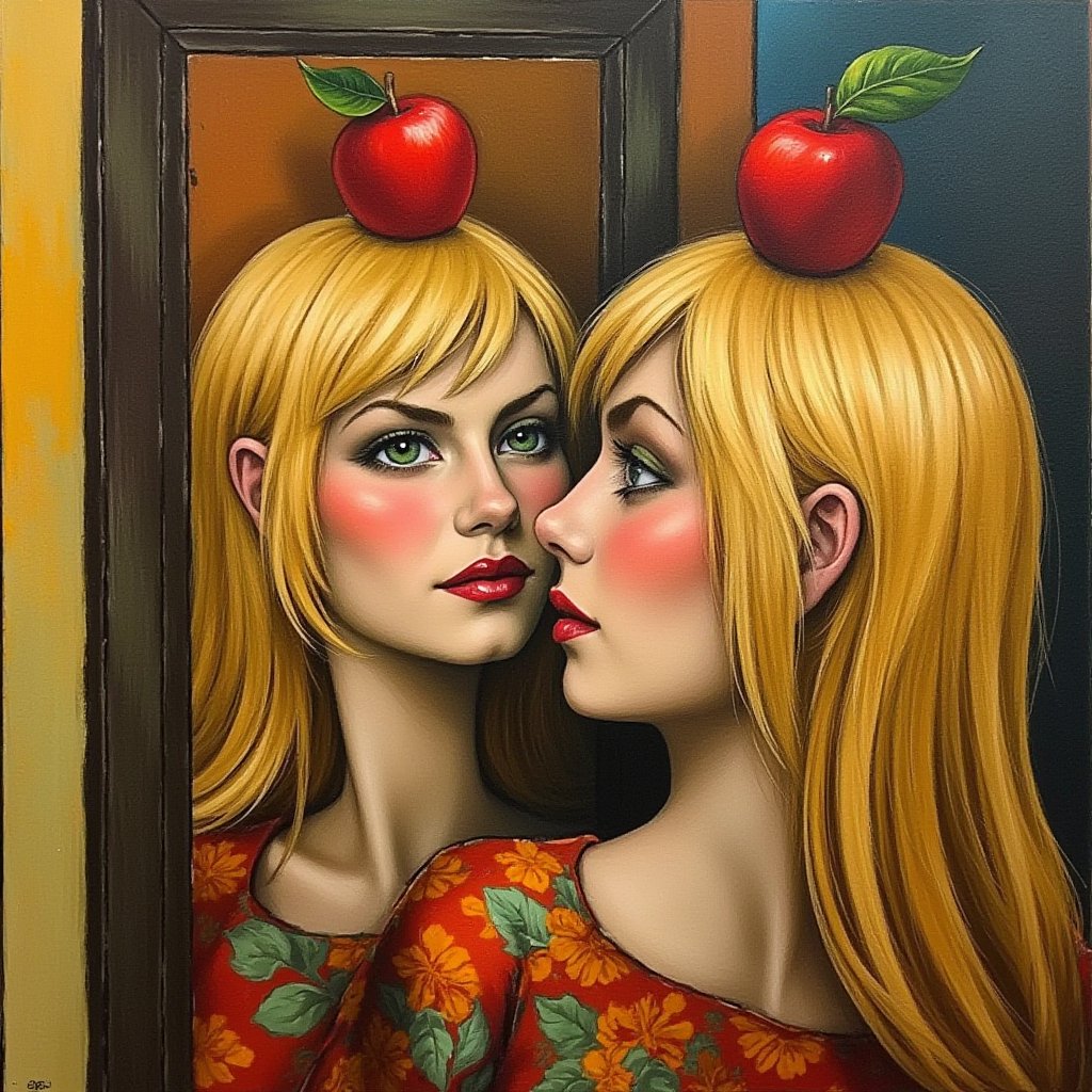 Abstract Surrealist cubist painting depicting a woman with green eyes and a red apple on her head looking at herself in th...