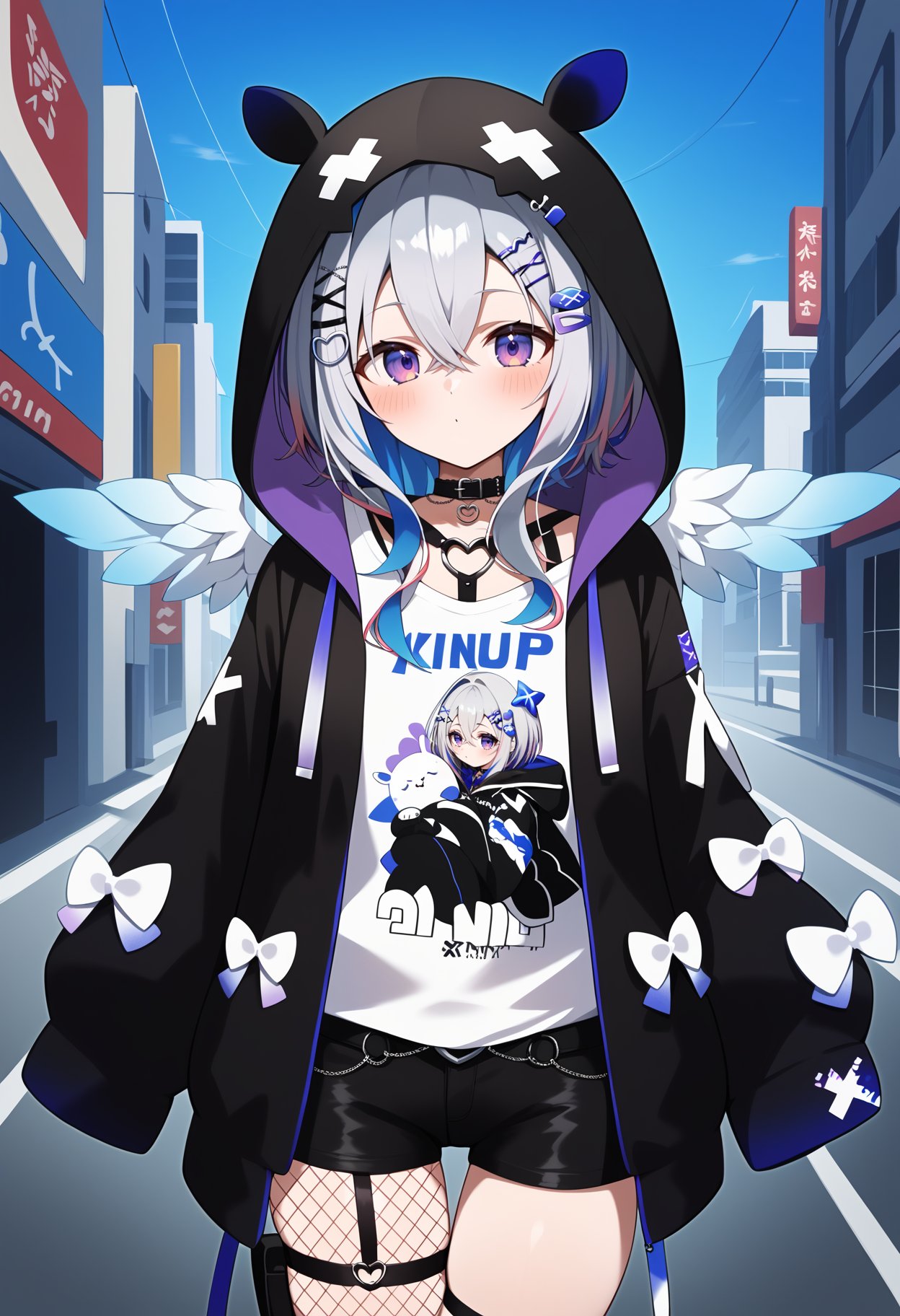 score_9, score_8_up, score_7_up, score_6_up, score_5_up, score_4_up, source_anime, ffkanata, short hair, multicolored hair, grey hair, hair ornament, hairclip, crossed bangs, purple eyes, wings, black choker, heart o-ring, print shirt, white shirt, hood up, animal hood, hooded jacket, black jacket, open jacket, white bow, long sleeves, sleeves past fingers, short shorts, black shorts, thigh strap, fishnet pantyhose, single thighhigh, <lora:amane_kanata_ponyxl_v1:0.9>, standing, cowboy shot, city, road,