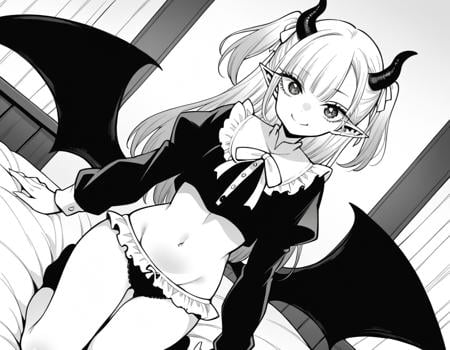 score_9, score_8_up, score_7_up, source_anime,marinkitagawa, <lora:marin-kitagawa-manga-ponyxl-lora-nochekaiser:1>,marin kitagawa, long hair, bangs, monochrome, greyscale,shirt, long sleeves, navel, underwear, panties, frills, wings, horns, pointy ears, midriff, puffy sleeves, blunt bangs, stomach, two side up, cosplay, demon girl, demon horns, white ribbon, black wings, demon wings, frilled shirt, frilled panties,indoors, bed, bed room, kneeling, smile,looking at viewer, cowboy shot, dutch angle, solo,