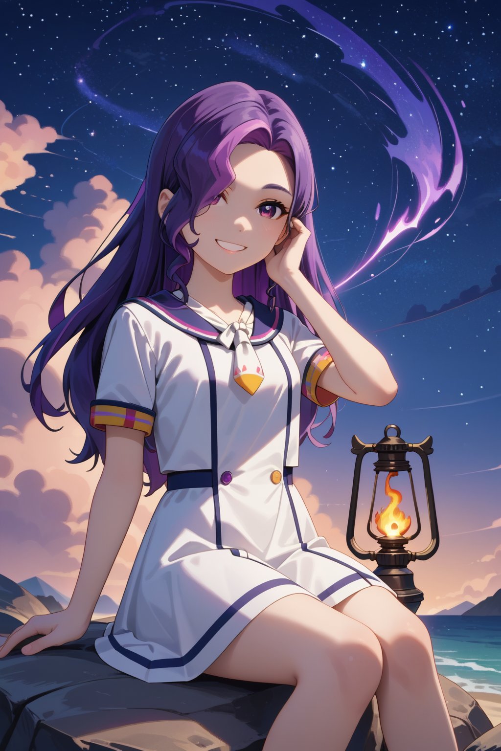 score_9, score_8_up, score_7_up, 1girl, hiragim, purple hair, purple eyes, multicolor_hair, long hair, hair ove one eye,, smile, looking at viewer, white dress, sailor collar, neckerchief, short sleeves, sitting sitting on rocks, beach background, starry sky, clouds, torch light, firepit, nighttime, night<lora:EMS-467752-EMS:0.800000>