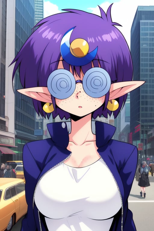 <lora:Arara_Cocoa:0.8>,  AraraCocoa, 1girl, glasses, freckles, solo, pointy ears, purple hair, crescent hair ornament, crescent, earrings, jewelry, hair ornament,  short hair, round eyewear, jacket, gloves, dress, white dress, bangs, breasts,city,masterpiece, high quality, very_high_resolution, large_filesize, full color,