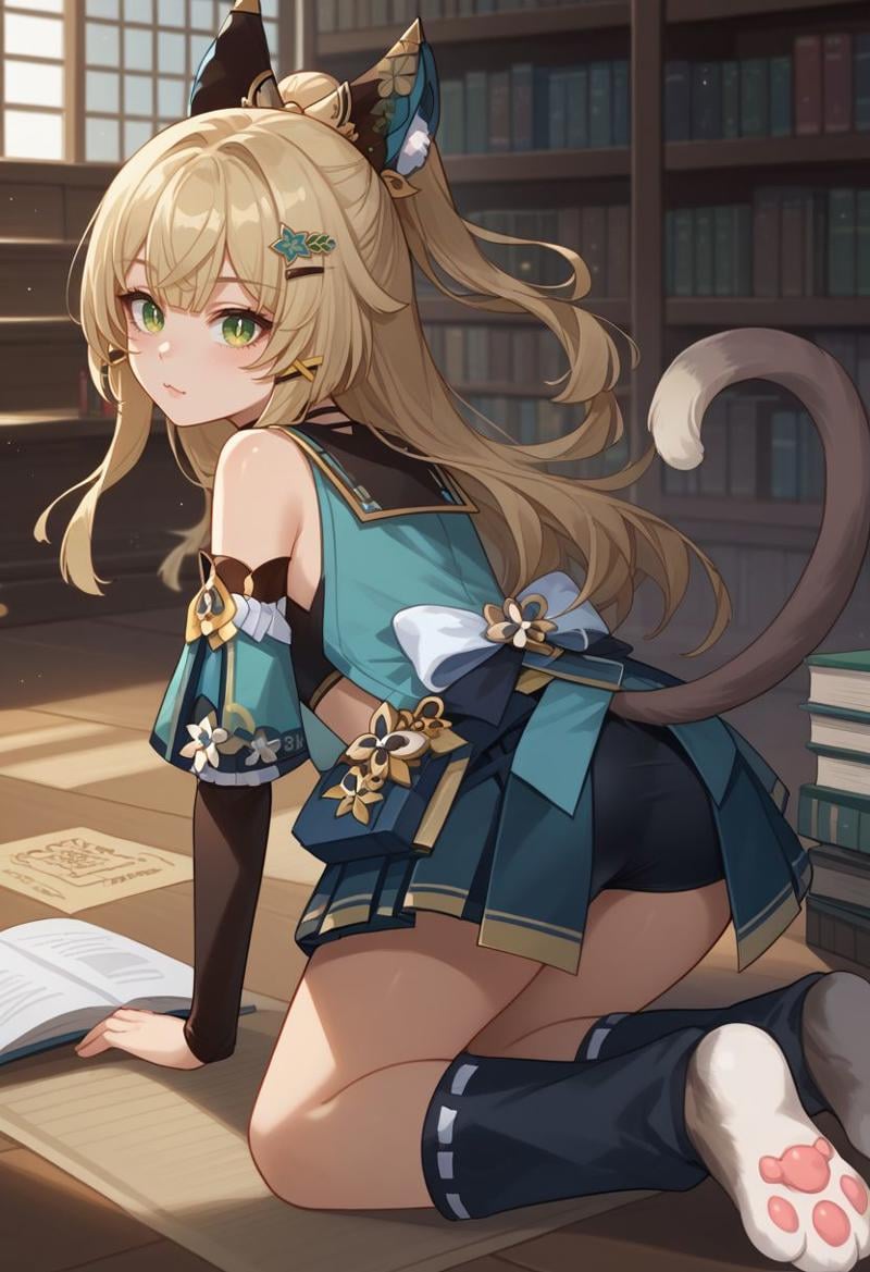 score_9, score_8_up, score_7_up, source_anime, 1girl, kiraradef, blonde hair, green eyes, long hair, ahoge, animal ears, hair ornament, hairclip, two tails, multiple tails, cat tail, detached sleeves, bare shoulders, crop top, tassel, black choker, blue miniskirt, pleated skirt, midriff, bike shorts, bike shorts under skirt, :3, looking at viewer, indoors, library, cowboy shot, from behind, looking back, ass, all fours, leg warmers, <lora:Kirara_v1-000010:1>