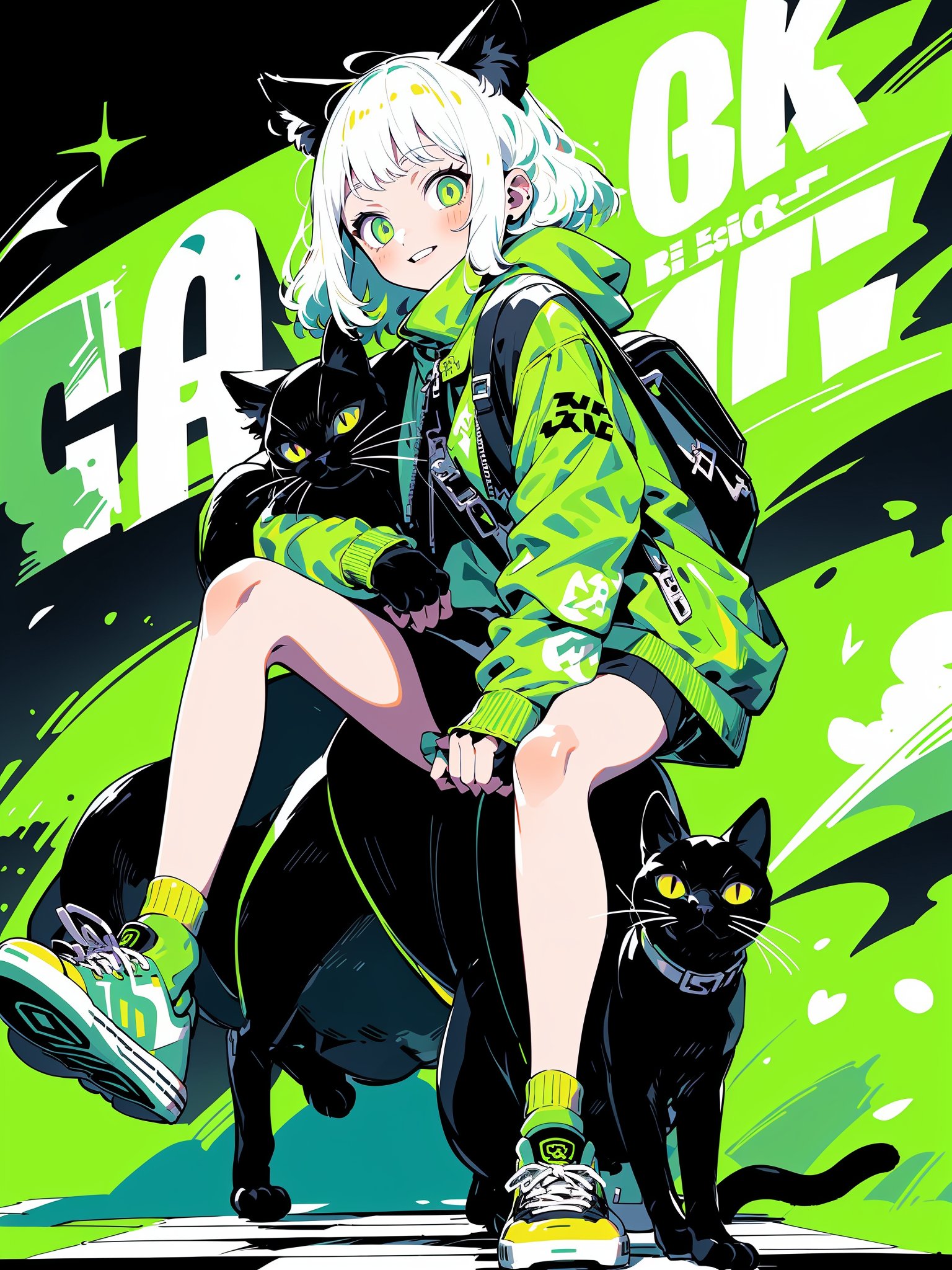 1girl, cat, green eyes, black cat, shoes, white hair, backpack, socks, looking at viewer, jacket, solo, sitting, sneakers, bag, bangs, green jacket, medium hair, animal, green theme, crossed legs, green socks, shirt<lora:HTTP_20231206170112-000012:1>