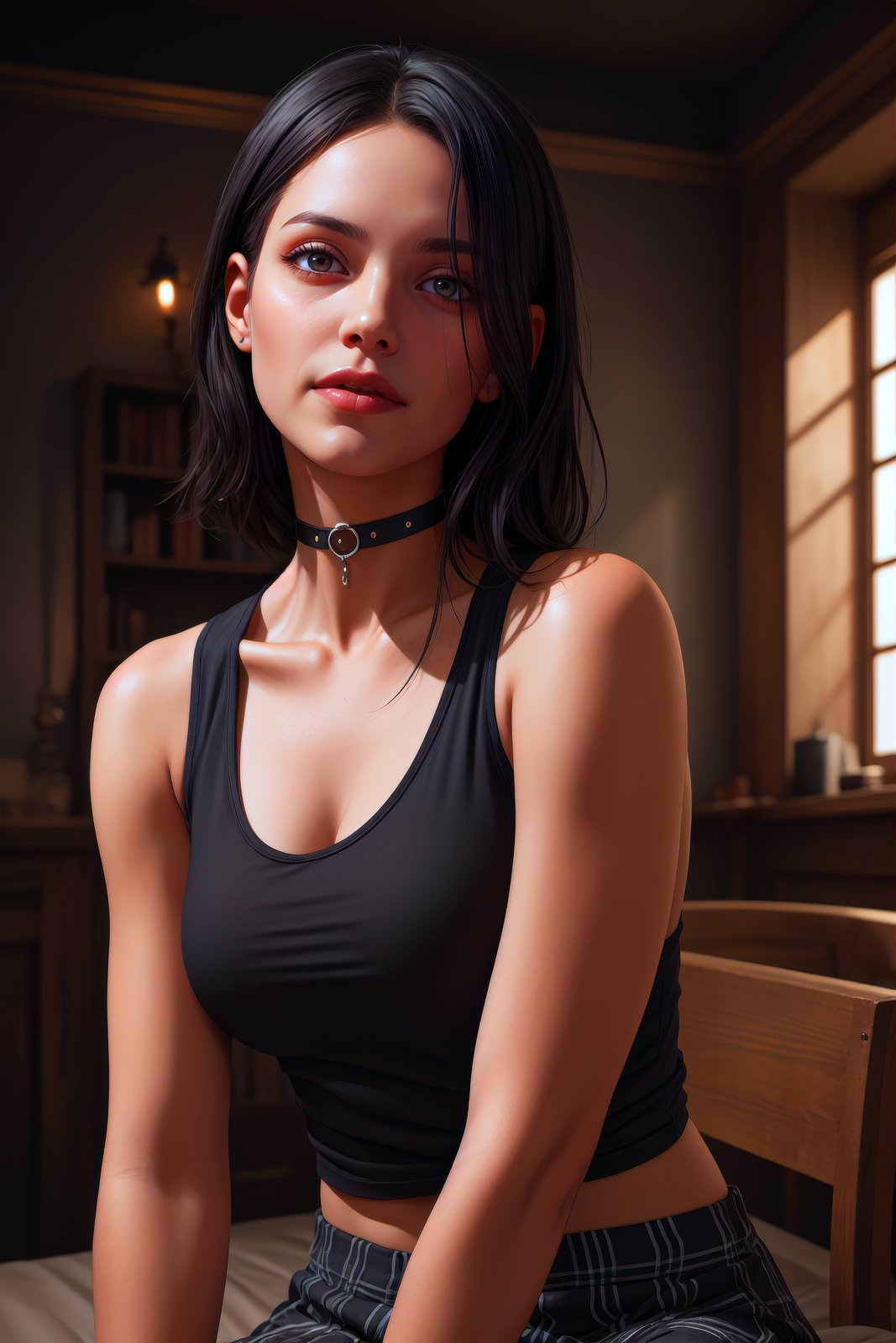 sumptuously detailed painting, goth girl, (unconventional black hair), black tank top, black plaid skirt, black choker, smirking, flirty pose, flesh details, accurate flesh composition, extremely detailed background, extremely detailed face capturing every feature, dark, insane detail, meticulous detail, exaggerated realism, dark, macabre, decay, corruption, pale lighting, unearthly lighting, hyperrealism, eerie