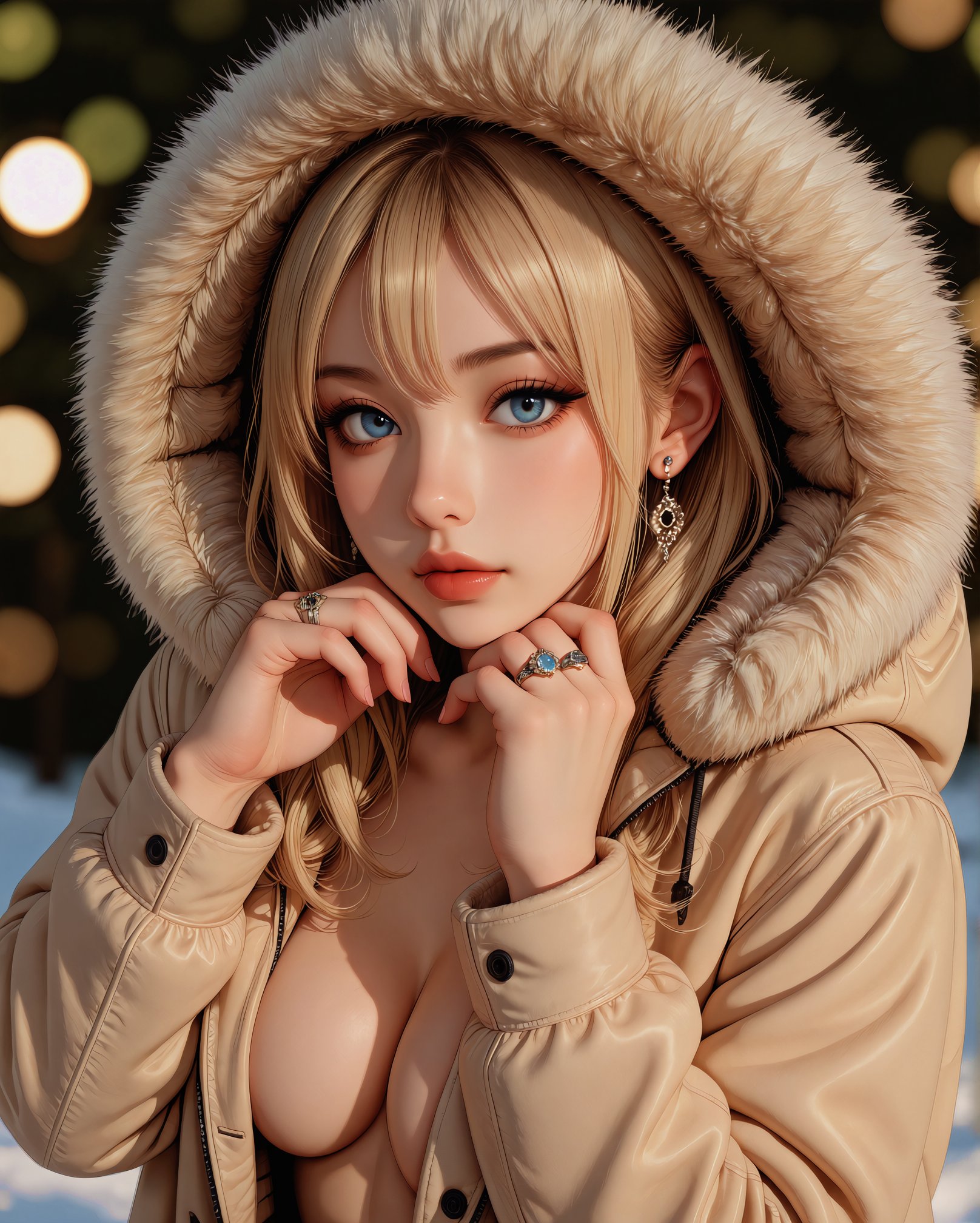 A photo-realistic portrait shoot from a portrait angle about a young woman wearing a beige coat with a fur hood,  posing f...