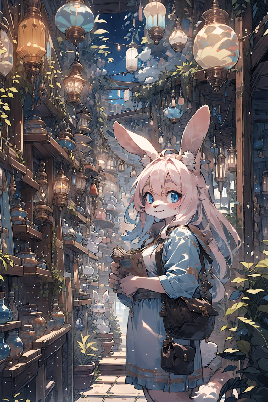 from side below,  wide Shot,best hands,best quality,(masterpiece,ultra detailed 8k art,illustration),Fluffy, (anthro, 1 girl,pink furry girl,rabbit ears,in door,pink long hair),shopping, blue eyes,smile,flour pattern sky blue Casual dress BREAKlight blue sandals,Shopping bag,white crossbody bag,standing at the store entrance,fantasy, (nordic,Chubby,Rabbit girl opening the store door,General store,upper body:1.2), (opening the store door:1.5) ,Night scene, lantern, lamp, book, bookshelf <lora:Night scene_20230715120543:1> <lora:zoom_slider_v1:3>