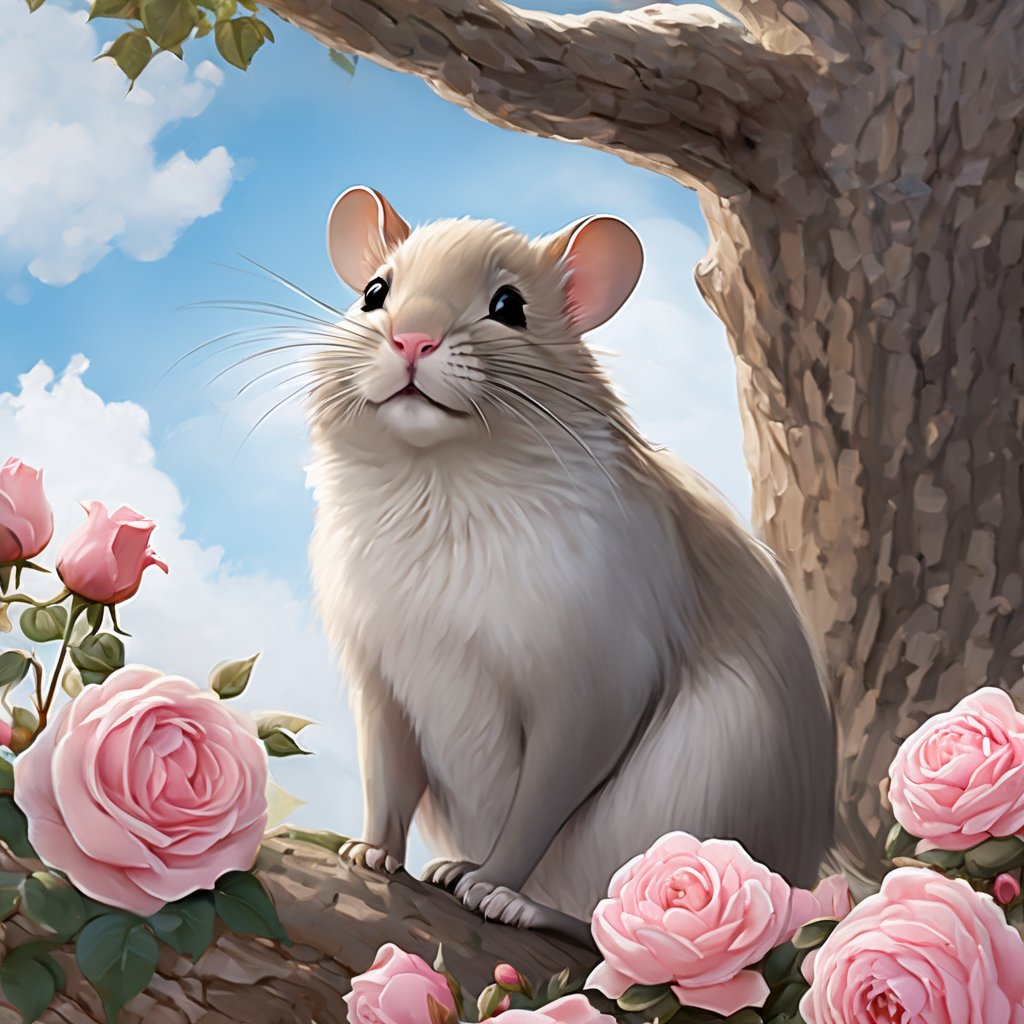 gufengstyle,masterpiece, Little Mouse, Lovely, In the middle of the picture, Mid-range, Outdoor, Light blue sky, Clouds, Garden, Big tree, Pink roses, Collar, Furry, Twelve signs of the Chinese zodiac, textured skin, super detail, best quality <lora:gufengstyleSDXL-000016:1>