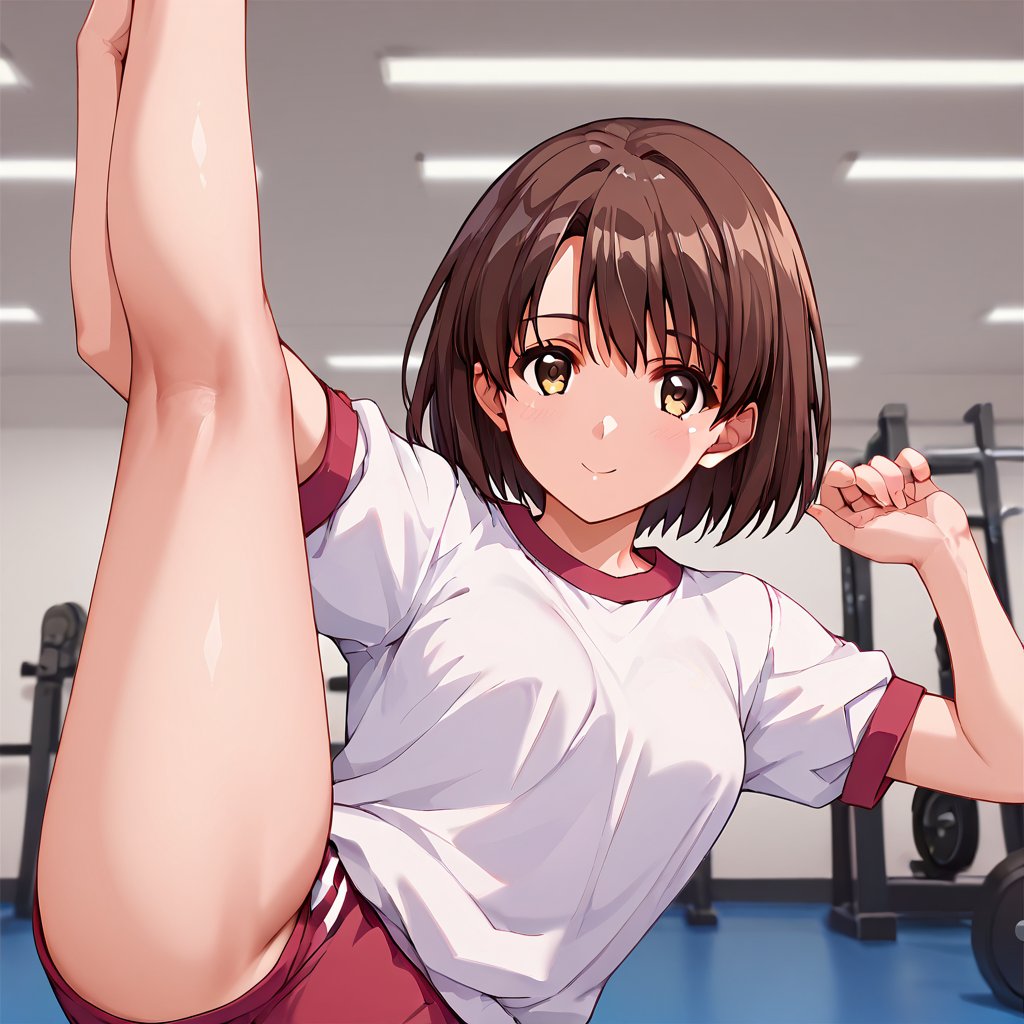 score_9, score_8_up, score_7_up, score_6_up, score_5_up, score_4_up, source_anime,satou nozomi,1girl, solo, gym uniform, gym, standing split, looking at viewer, cowboy shot,masterpiece, perfect face, best quality, beautiful girl, cute girl, beautiful eyes, shiny eyes, anime coloring, anime screencap, absurdres, award winning,<lora:satou nozomi nova:0.7>