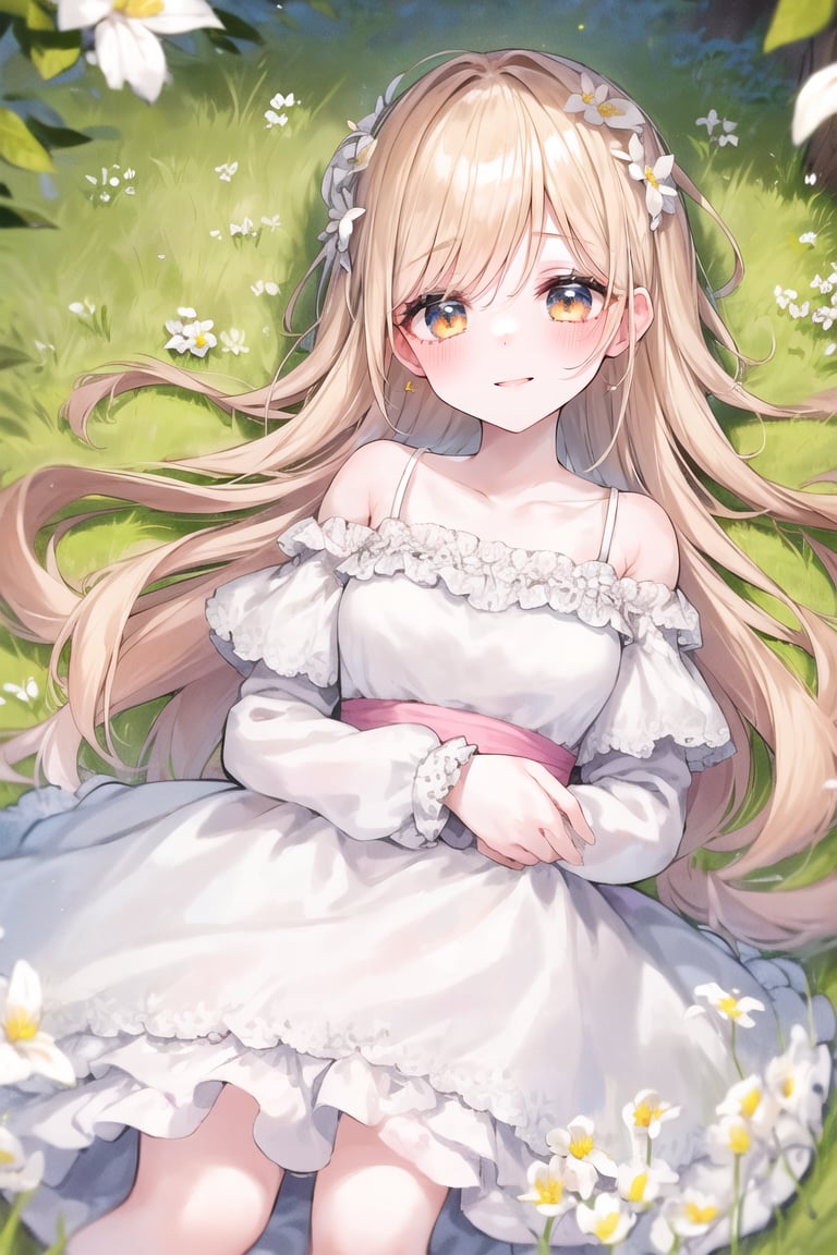 1girl, solo, gown, blush, lying, grass field, flower, off-shoulder, smile, laughing, dutch angle,