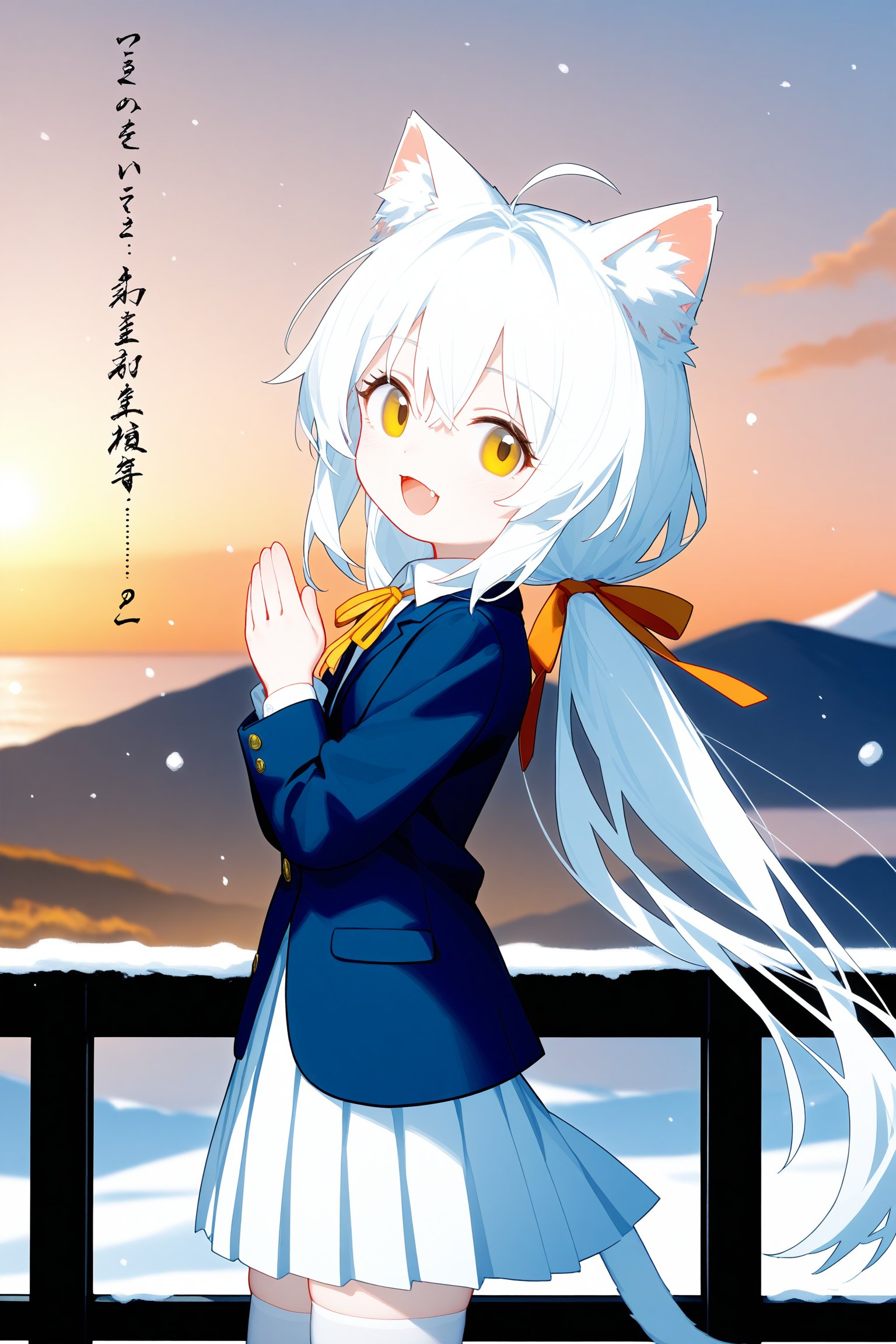 1girl,solo,animal ears,tail,long hair,twintails,outdoors,cat ears,cat tail,smile,blue jacket,looking at viewer,white hair,fang,skirt,cat girl,jacket,neck ribbon,yellow eyes,:d,ribbon,railing,yellow ribbon,white skirt,very long hair,pleated skirt,blush,long sleeves,hair between eyes,mountain,own hands together,antenna hair,sky,open mouth,day,dated,sunrise,blue sky,blazer,standing,new year,animal ear fluff,shirt,school uniform,low twintails,sunset,happy new year,cloud,cowboy shot,collared shirt,thighhighs,white shirt,mountainous horizon,blurry,2022,sun,horizon,depth of field,orange ribbon,white thighhighs,blurry background,buttons,cover,blue coat,ocean,chinese zodiac,fence,from side,blue skirt,water,snow,brown eyes,cover page,dress shirt,looking to the side,<lora:fangdongye XL 1.3-000051:0.7>,