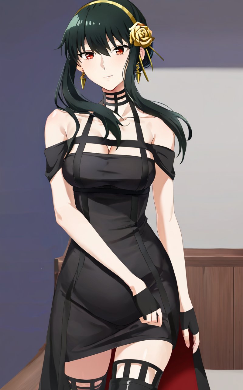 1girl, <lora:sdxl-sf-yor_briar:0.9>, yor briar, ibarahime, (slanted eyes), :/  updo (folded ponytail hair pulled back), (Folded tied hair), (bare_shoulders off shoulder black slit dress, black fingerless_gloves, gold hairband with hair flower, gold rose ornament, black thighhighs, high heel boots, collarbone, cleavage) , black hair sideburns, (slanted eyes) red eyes, medium breasts, shiny hair, bangs, gold earrings, long locks, hair between eyes, skindentation Gleeful 