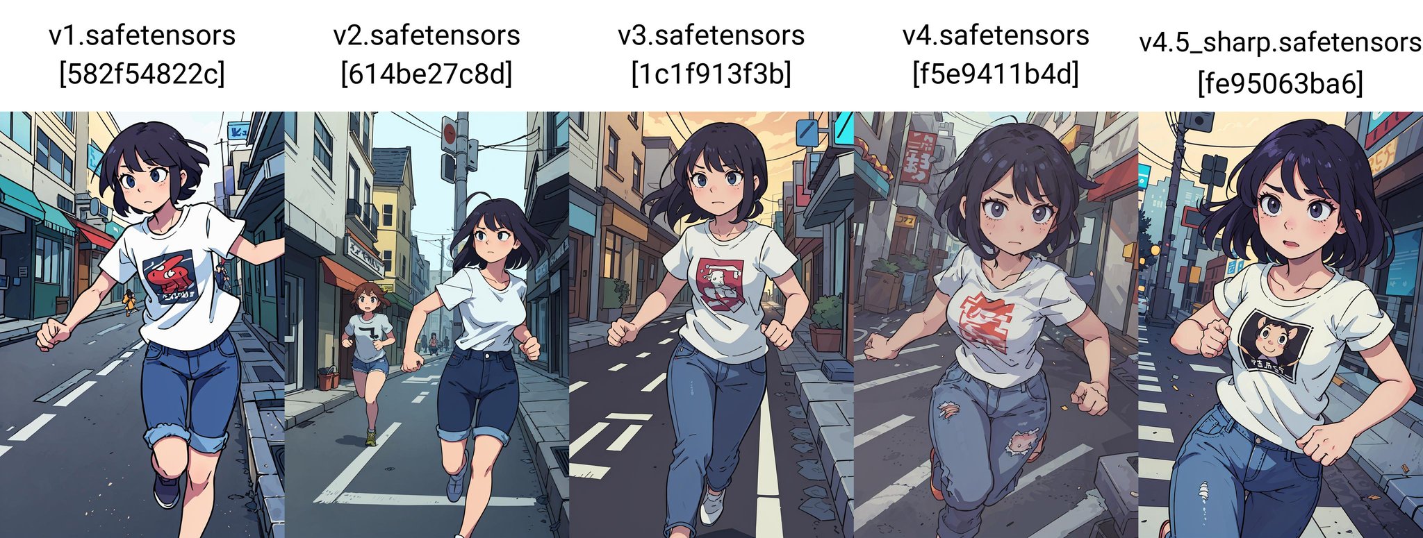 (best quality:0.8) perfect anime illustration, a woman running through the street wearing a tshirt and jeans