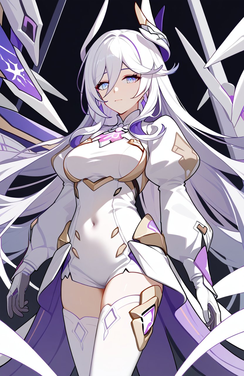 <lora:羽兔pony:1>,hare \(honkai impact\),a girl named hare \(honkai impact\),1girl,solo,looking at viewer,white gloves,white thighhighs,puffy sleeves,long sleeves,gloves,thighhighs,covered navel,, (score_9,score_8_up,score_7_up),(masterpiece,best quality,high quality:1.2),absurdres, prefect lighting, very aesthetic, anime BREAK