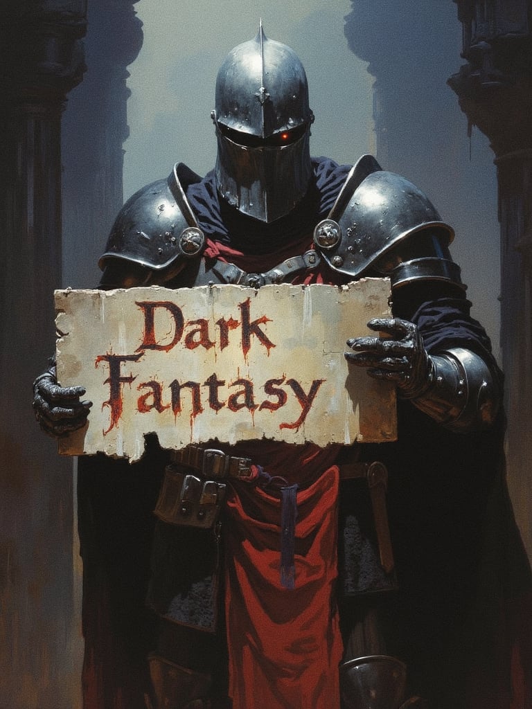 drkfnts style, paladin templar in full plate armor and tabard, helmet with visor, he is holding a sign that says "Dark Fantasy", text is old and scrathced glowing handwriting, dark and eerie atmosphere, fantasy,  <lora:sxz-Dark-Fantasy-v2-Flux:1>