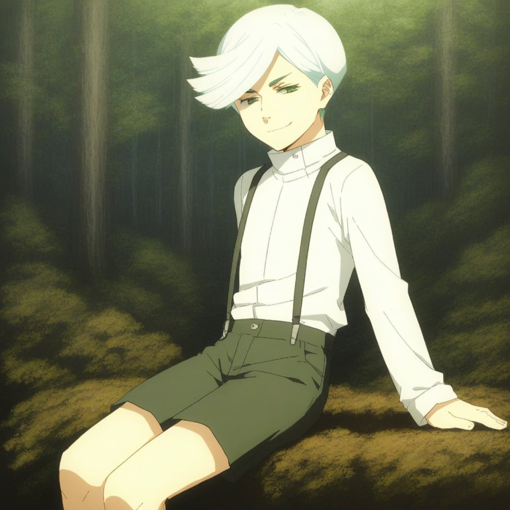 score_9, solo, uiui, white hair, green eyes, suspenders, shirt, shorts, sitting, smirk, forest