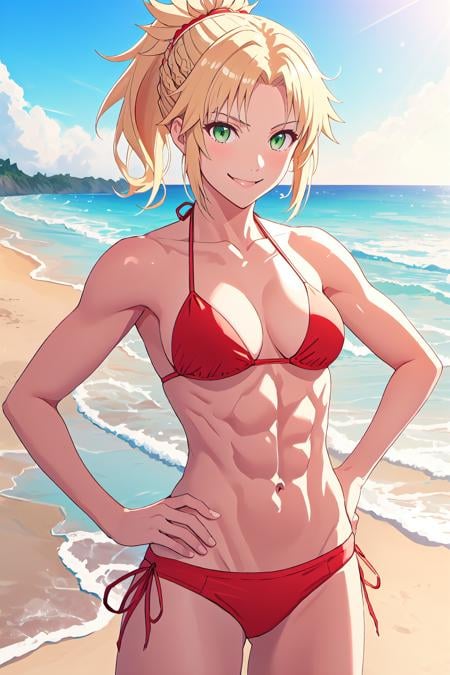 <lora:Mordred:1>, mordred \(fate\), ponytail, blonde hair, green eyes, hands on hips, beach background, volumetric lighting, abs, smile, bikini