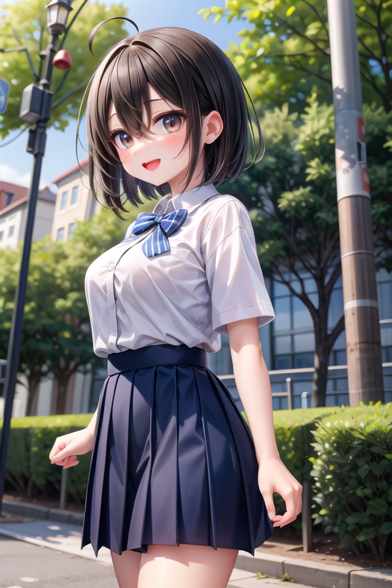 insanely detailed, absurdres, ultra-highres, ultra-detailed, best quality,1girl, solo, nice hands, perfect handsBREAKsummer school uniform, (plain dark blue skirt with many pleats:1.4), (striped indigo blue bowtie:1.3), short sleeves, white shirt, shirt with white buttonBREAKhappy smile, laugh, open mouthBREAK,standing, cowboy shot, looking at viewerBREAKslender, kawaii, perfect symmetrical face, ultra cute girl, ultra cute face, ultra detailed eyes, ultra detailed hair, ultra cute, ultra beautifulBREAKin forest, depth of field, ultra detailed backgroundBREAKlarge breastsBREAK(ahoge:1.2), (short bob cut, hair between eyes, black dark_brown hair, black dark_brown eyes:1.3), (long hair:-1)