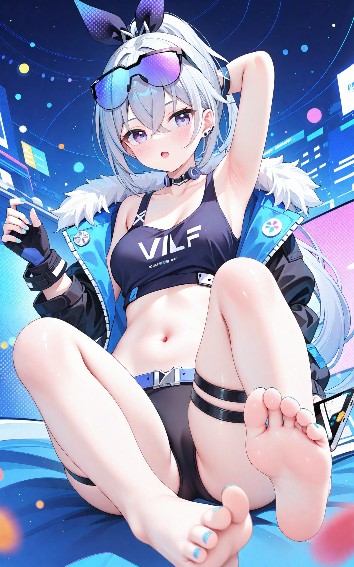 masterpiece,best quality,illustration,ultra detailed,hdr,Depth of field,(colorful),[Artist chen bin], silver wolf (honkai: star rail), 1girl, feet, barefoot, navel, grey hair, toes, breasts, gloves, fingerless gloves, soles, eyewear on head, solo, looking at viewer, grey eyes, long hair, thigh strap, open mouth, armpits, jacket, stomach, black gloves, ponytail, panties, crossed bangs, crop top, hair between eyes, choker, thighs, underwear, toenails, black jacket, bare shoulders, foot focus, sunglasses, nail polish, drill hair, black panties, legs, medium breasts, collarbone, fur trim, arm up