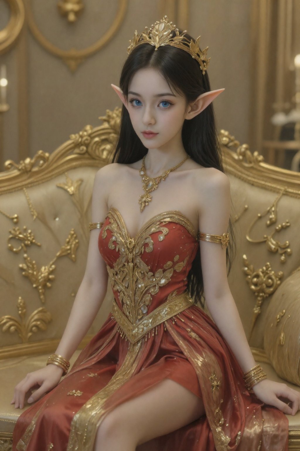 画面中央是一位美艳动人的奇幻精灵女子,  她端坐在一张华丽的金色长椅上。这位女子肤色白皙,  一头乌黑秀发 by 天TIN on Tensor.Art