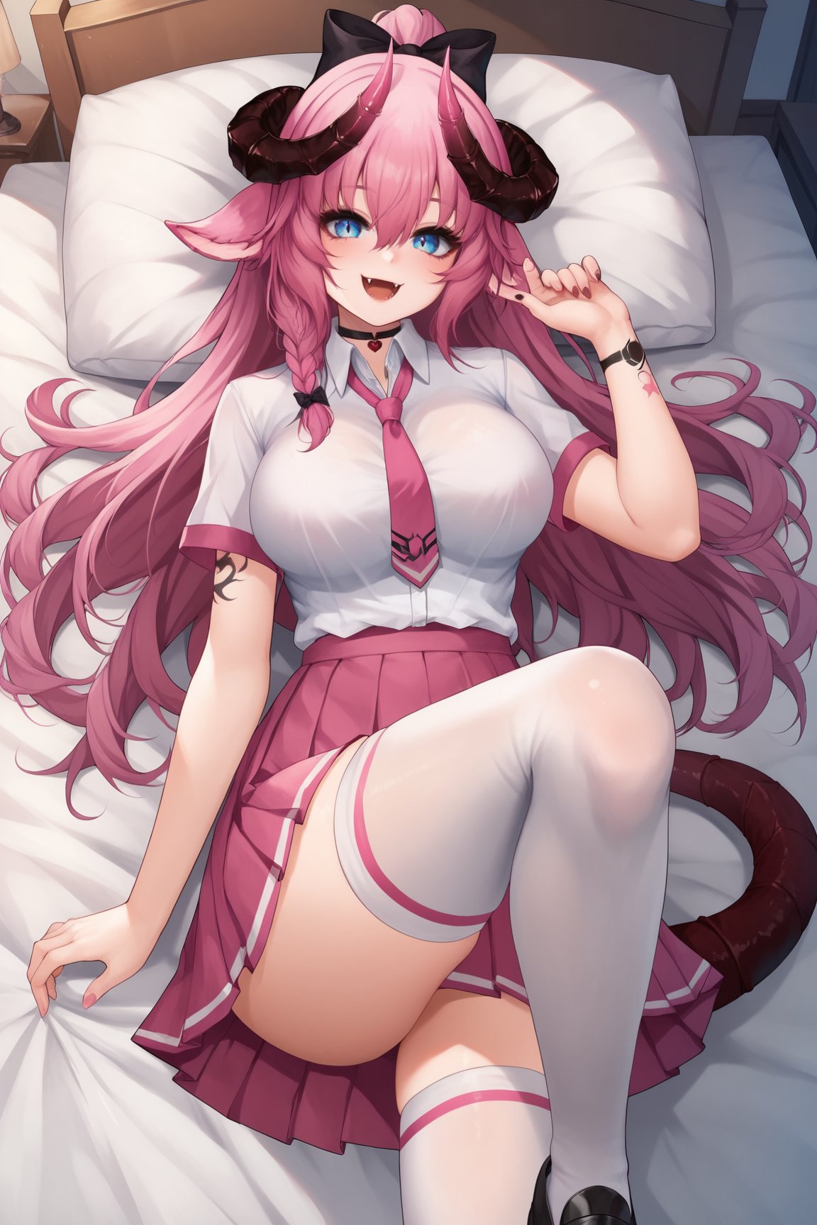 score_9, score_8_up, score_7_up, score_6_up, score_5_up, score_4_up, IrelythVTXL, blue eyes, colored eyes, pink hair, sidelocks, long hair, black bow, side braid, hair between eyes, animal ears, horns, fangs, black chocker, large breasts, collared shirt, white shirt, short sleeves, arm tattoo, pink necktie, pink skirt, pleated skirt, dragon tail, white thighhighs, shoes, solo, lying on bed, seductive smile, looking at viewer, indoors  <lora:IrelythVTXL:0.8>