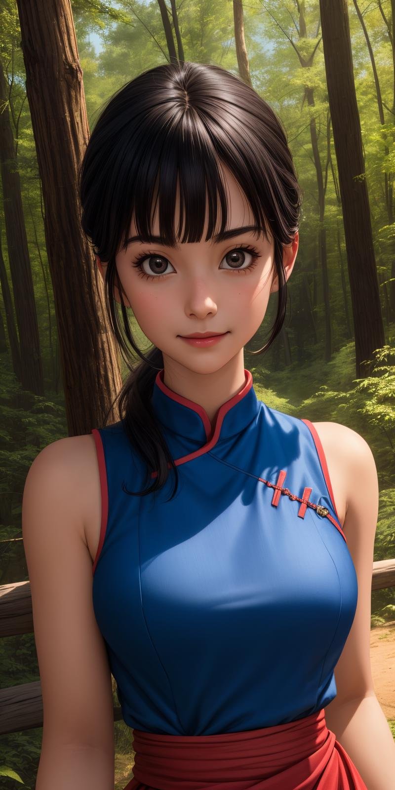 chichi, 1girl, solo, black eyes, black hair, blunt bangs, ponytail, sidelocks,china dress, blue dress, sleeveless, red sash, wristband, bare shoulders, smile,closed mouth,cowboy shot,forest,outdoor,(insanely detailed, beautiful detailed face, masterpiece, best quality) cinematic lighting,<lora:DB_ChiChi_v2:1>, <lora:more_details:0.3>,