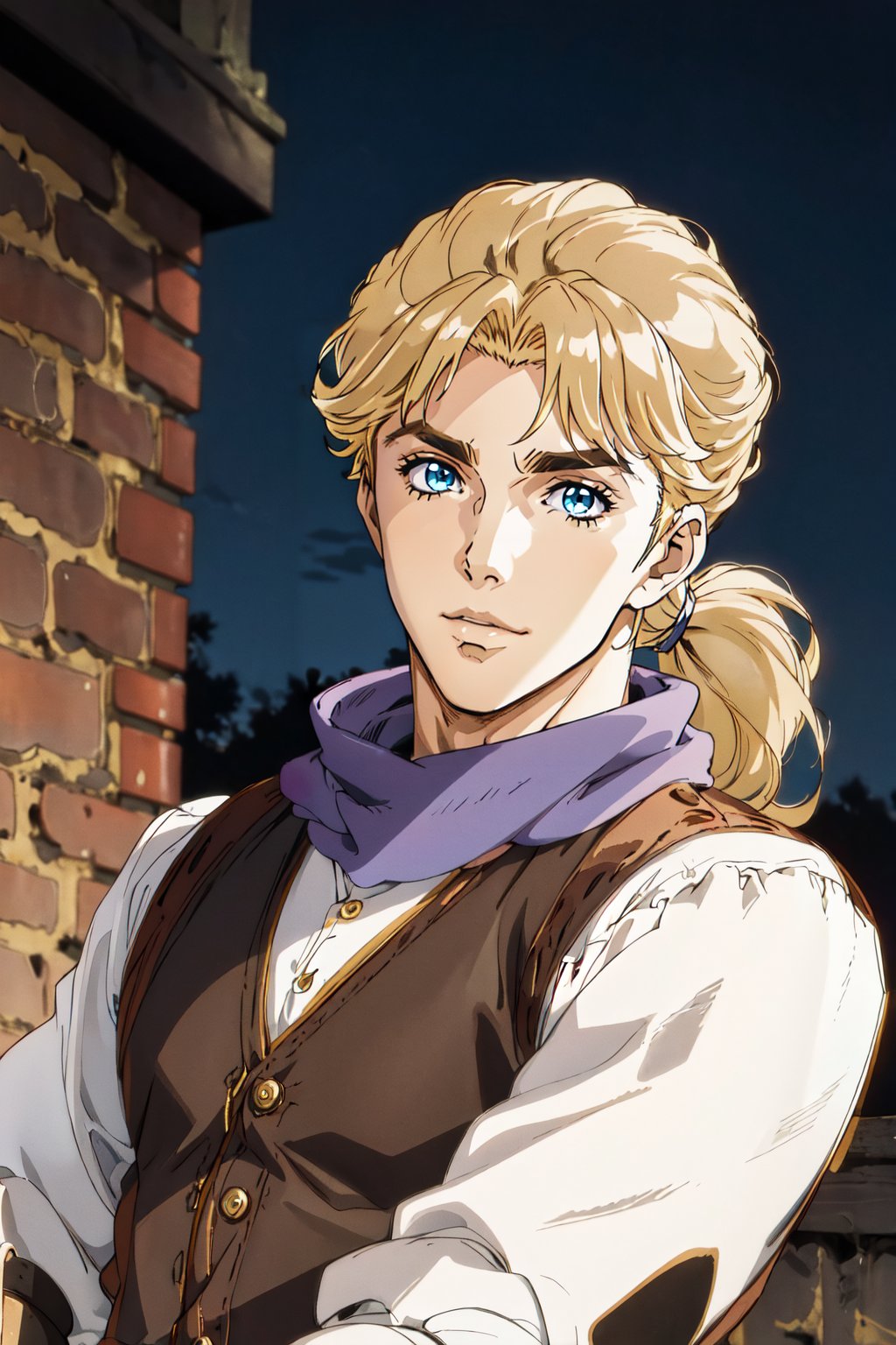 (masterpiece, best quality, highres, ultra-detailed),(beautiful and aesthetic:1.2), 1man, male focus, wavy blonde hair, blue eyes, high short ponytail, beautiful face, (slight smile:0.8), detailed eyes and face, male body, brown leather vest, white shirt, rolled-up sleeves, fitted trousers, rugged boots, long flowing scarf, victorian london, at night, intricate details, <lora:phantom_blood_battle_tendency:0.7> araki hirohiko \(style\)