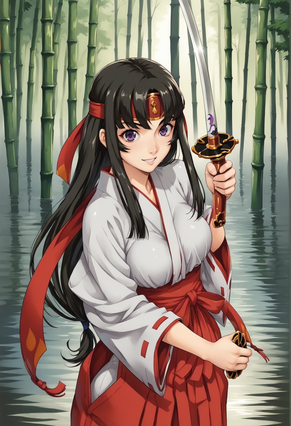 1girl, solo, black hair, long hair, purple eyes, hime cut, headband, japanese clothes, miko, holding weapon, katana, standing, outdoors, bamboo forest, upper body, smiling  <lora:Tomoe XL:1>, score_9, score_8_up, score_7_up, score_6_up, score_5_up, score_4_up, BREAK source_anime, masterpiece