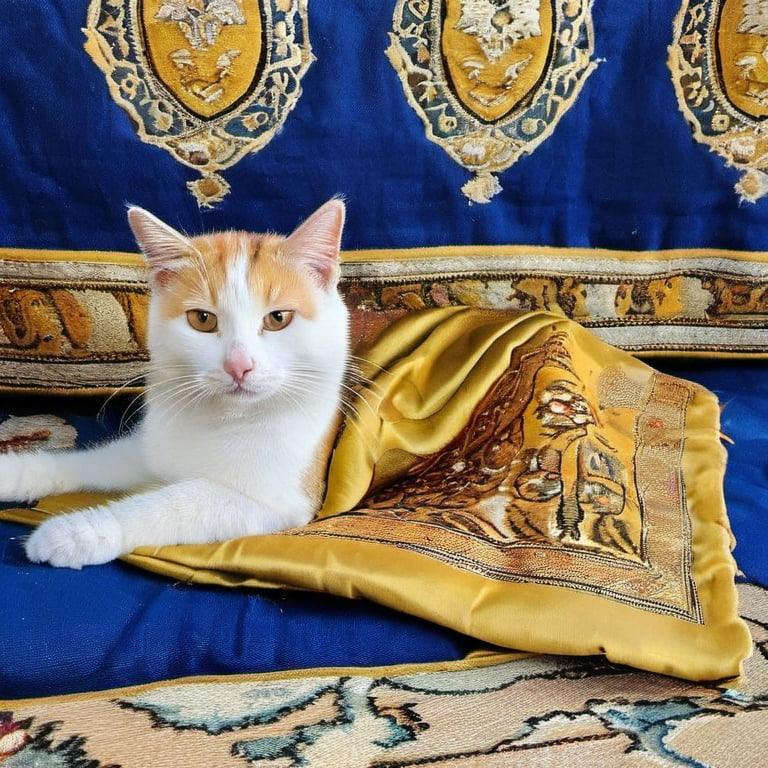 During the golden age of the Ottoman Empire, my cat, draped in luxurious textiles, enjoys the company of Suleiman the Magnificent, sharing the opulence of the Topkapi Palace.