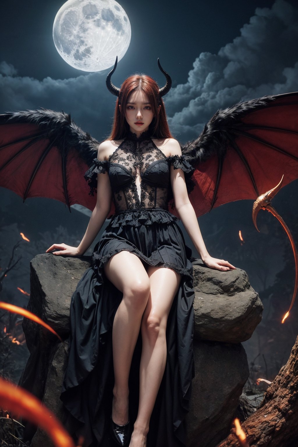 masterpiece, (best quality:1.2), [:intricate details:0.2], demon girl, skirt, (red eyes:1.3), demon horns, demon wings, demon tail, enchanting gaze, captivating pose, otherworldly charm, mystical sky, moonlit night, cloud,