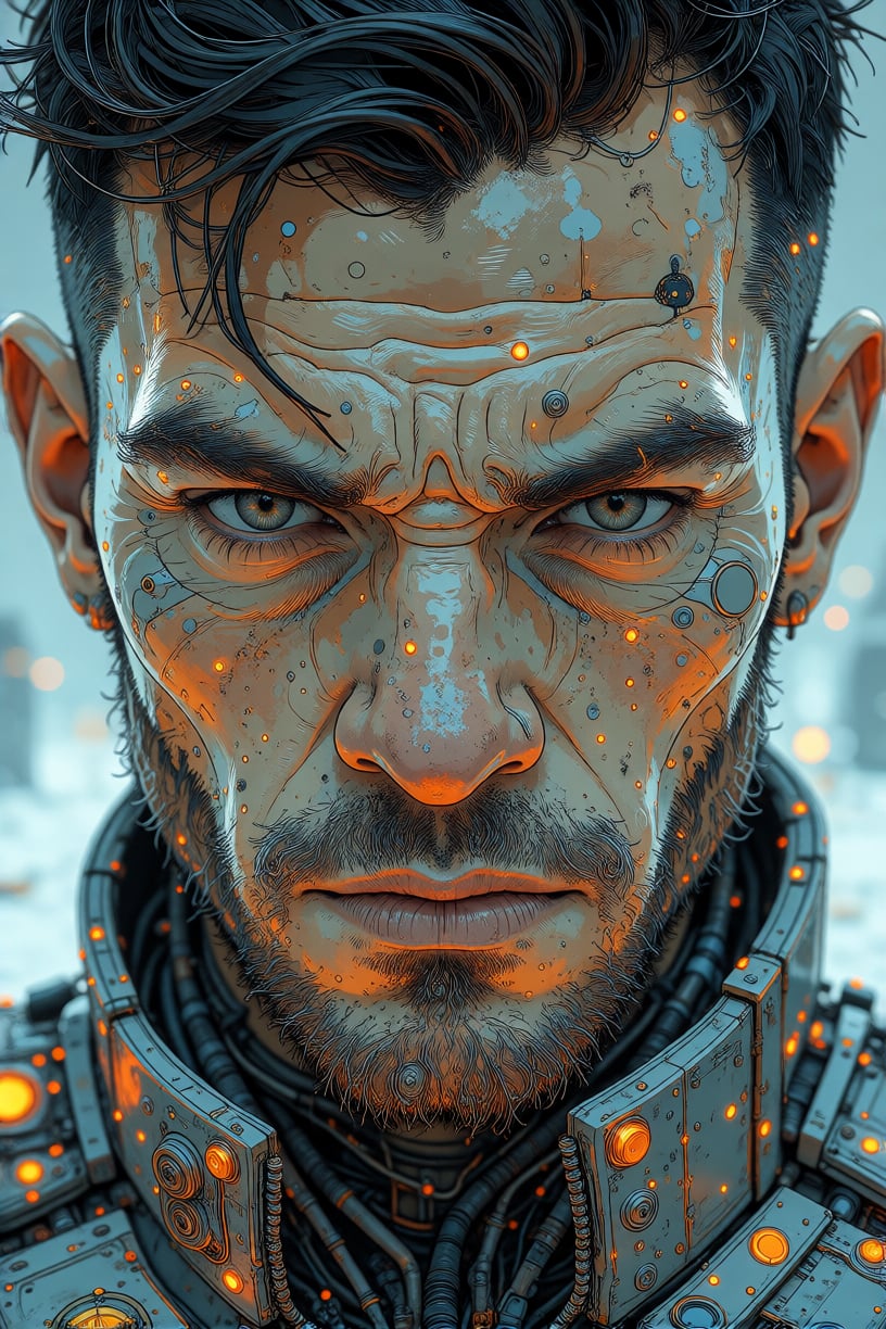 Detailed,  textured digital drawing of a serious,  close-up male face with short hair. by inknoir on Tensor.Art