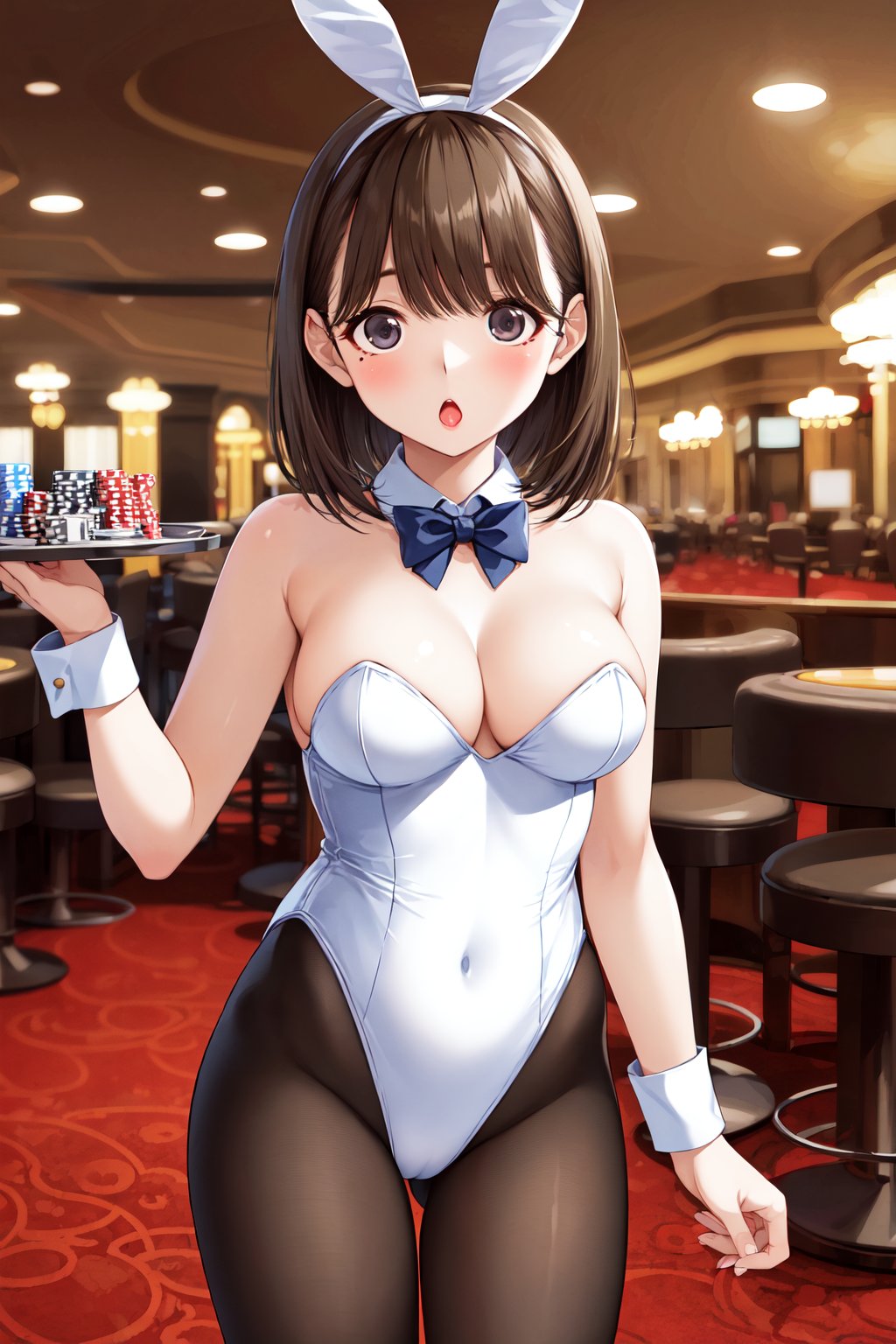 masterpiece, best quality, highres, aanene, short hair, <lora:anegasaki_nene_v1:0.7>, playboy bunny, leotard, pantyhose, :o, holding tray, casino, standing, cowboy shot