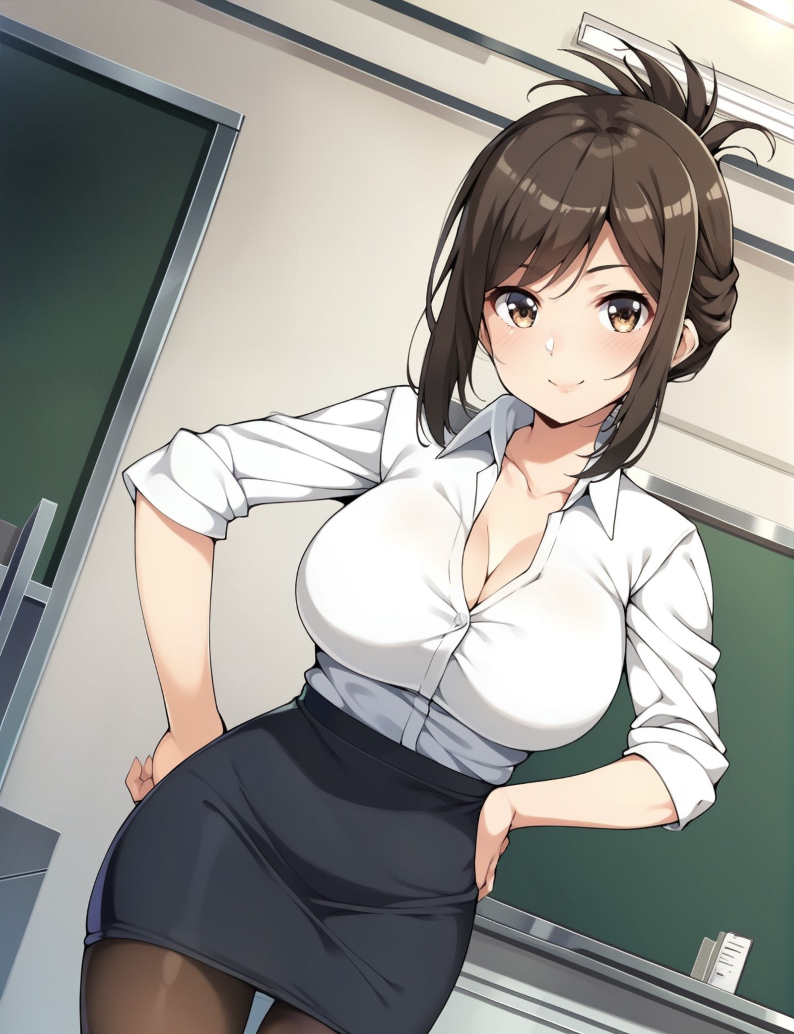 score_4, score_5, score_6, score_9, score_8_up, score_7_up, general, solo,  source_anime,  <lora:kana_kojima:1> kanakojixl, brown eyes, brown hair, short hair, folded ponytail, large breasts, collared shirt, cleavage, white shirt, pencil skirt, black skirt, black pantyhose, office lady, standing, hand own hip, cowboy shot, looking at viewer, dutch angle, blush, light smile, indoors, room, classroom