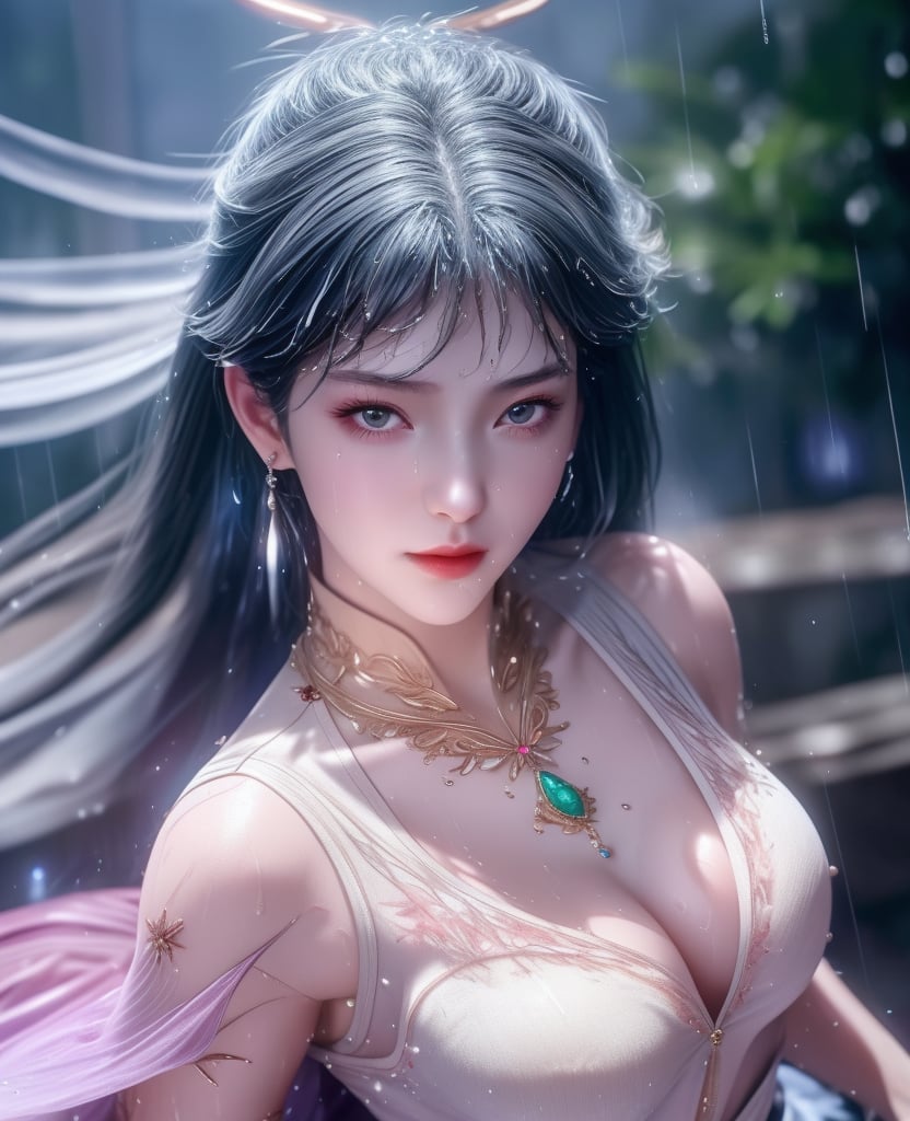 <lora:斗罗大陆-唐舞桐-海神缘:0.8> (,1girl, ,best quality, ),looking at viewer, ,ultra detailed 8k cg, ultra detailed background,  ultra realistic 8k cg,          cinematic lighting, cinematic bloom, (( , )),,  , unreal, science fiction,  luxury, jewelry, diamond, pearl, gem, sapphire, ruby, emerald, intricate detail, delicate pattern, charming, alluring, seductive, erotic, enchanting, hair ornament, necklace, earrings, bracelet, armlet,halo,masterpiece, (( , )),, realistic,science fiction,mole, ,cherry blossoms,(((, , ultra high res, (photorealistic:1.4), raw photo, 1girl, wet clothes, rain, sweat, ,wet, )))(( , ))   (cleavage), (),