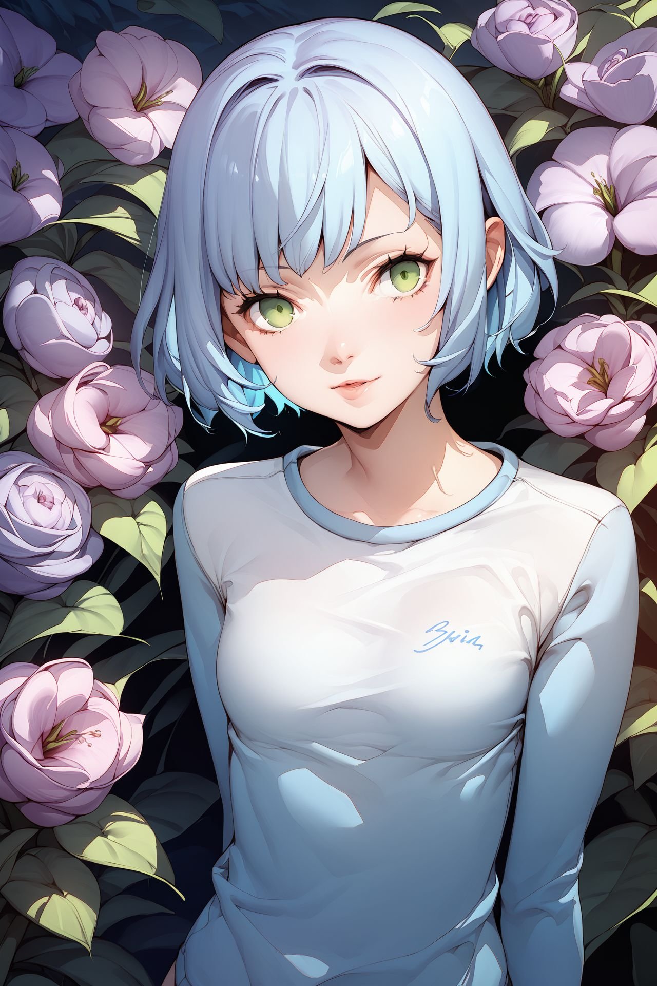 score_9, score_8_up, score_7_up, 1girl, :3, looking at viewer, dark_blue hair, side-swept_fringe, pointy_hair, dark_green eyes, small breasts, raglan sleeves, Dahlia \(flower\), lavender_background <lora:Soejima_Shigenori_PonyXL_style_v01:1>